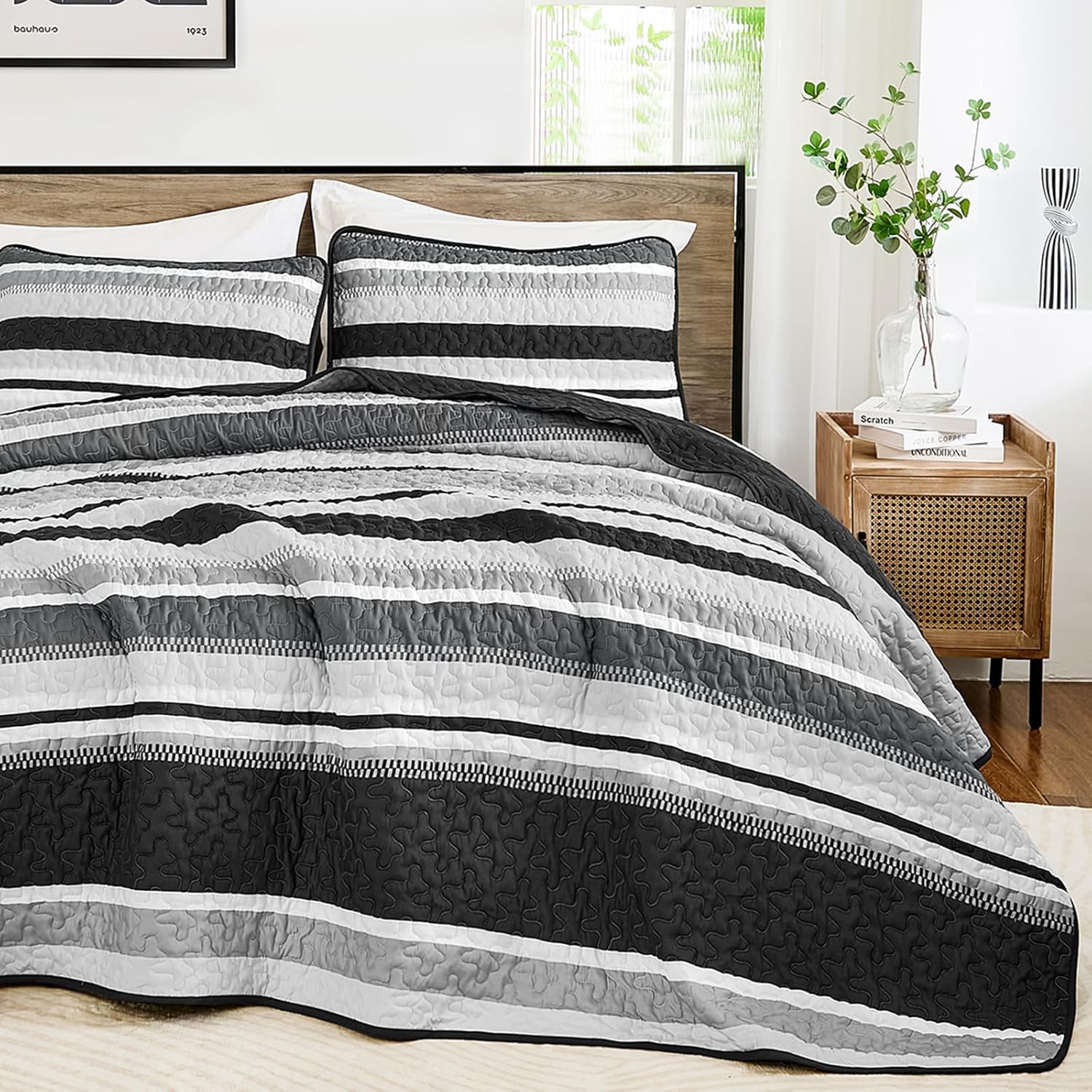 Wongs Bedding King Quilt Set 3 Pieces Black Striped Bedspread Coverlet with Shams