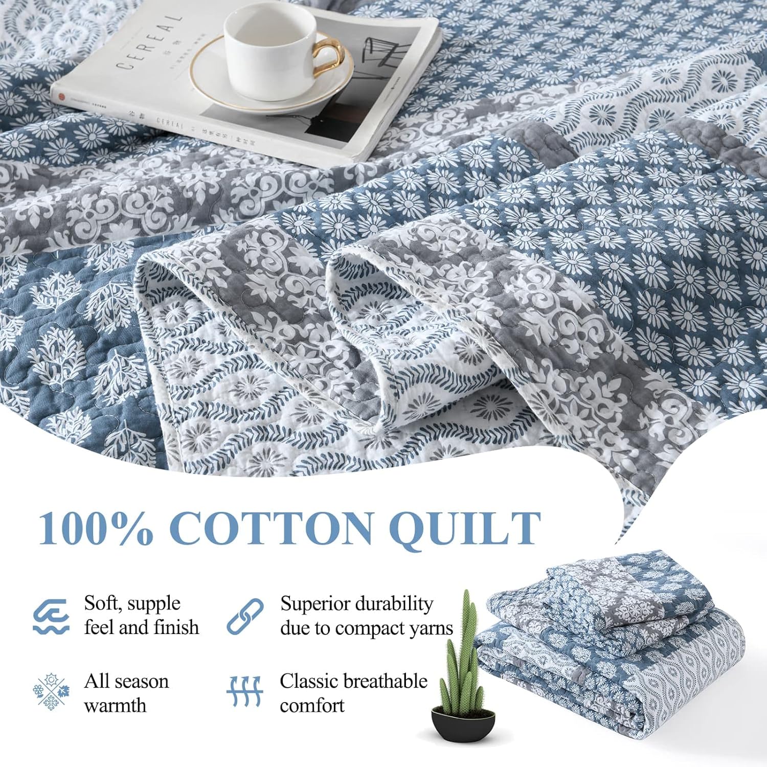 DDUOXIN Floral Quilt Set - Reversible Cotton King Quilt with 2 Pillow Shams