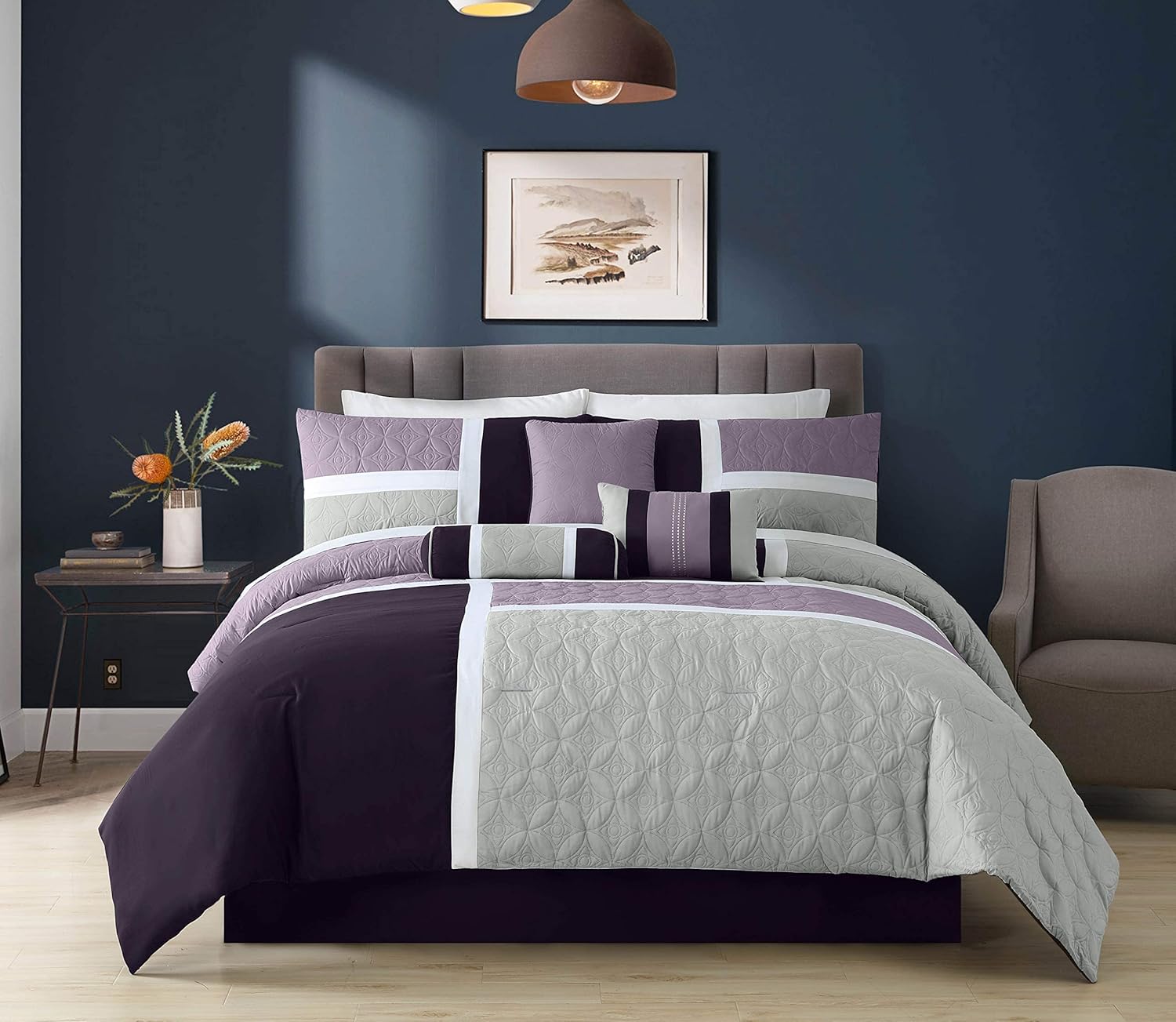Chezmoi Upland 7-Piece Quilted Comforter Set LavenderGrayPurple California King