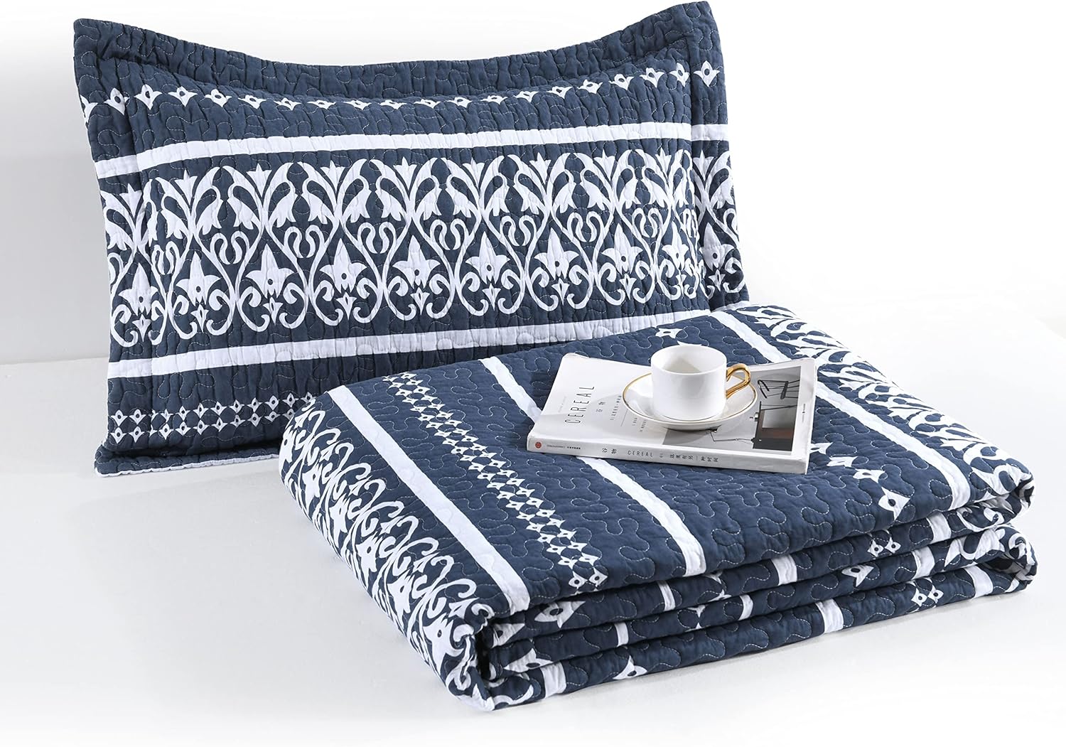 Qiqiong Queen Quilt Set Navy Blue White Striped