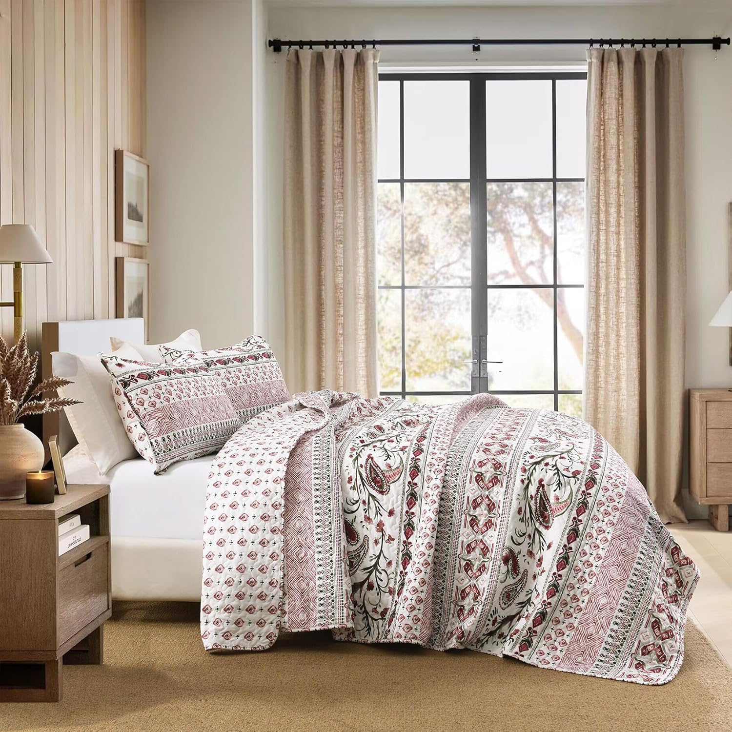Boho Paisley Red Quilt Set Reversible Twin Size