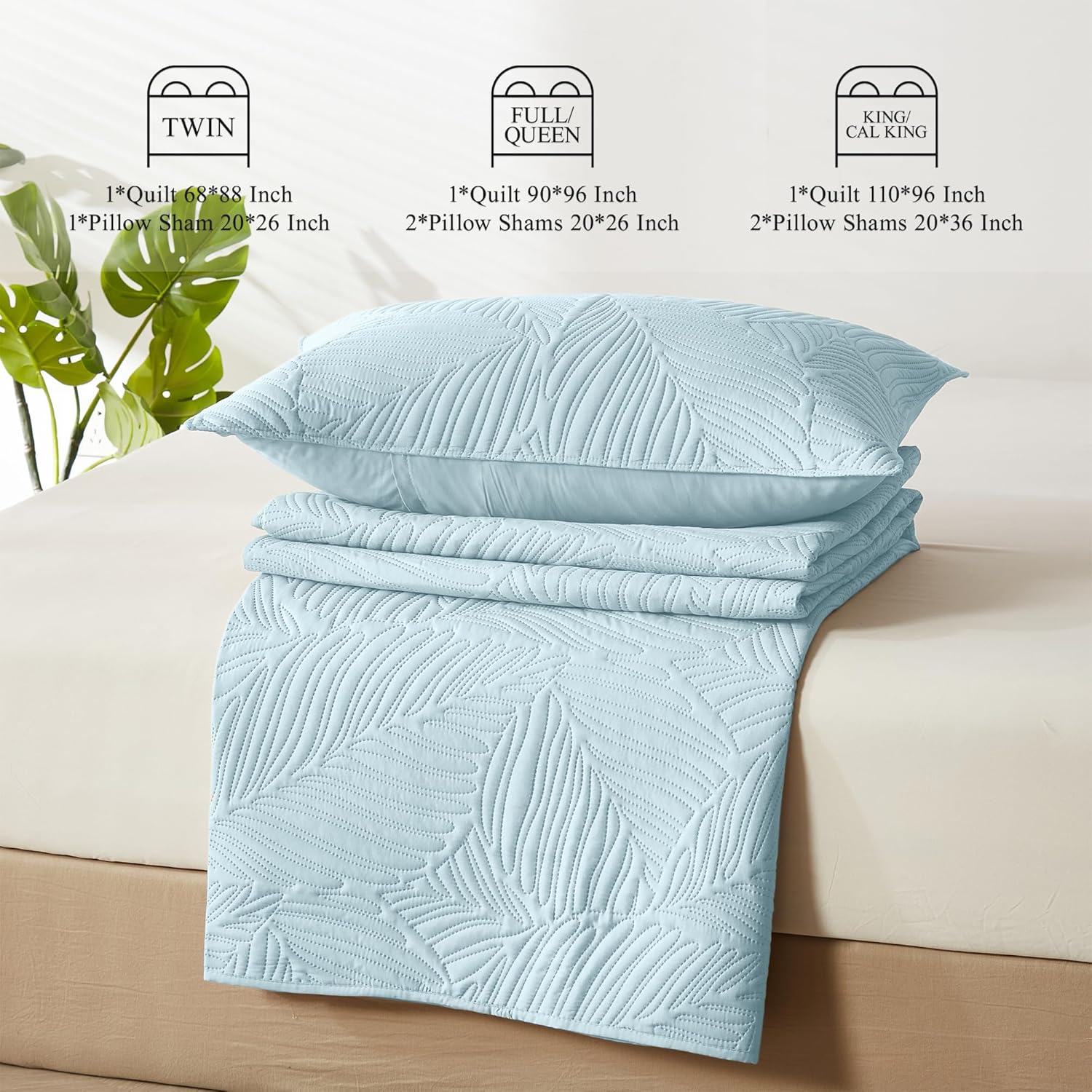 OARAGE Aqua Blue Twin Quilt Set with Leaf Pattern