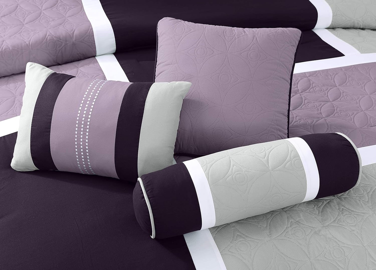 Chezmoi Upland 7-Piece Quilted Comforter Set LavenderGrayPurple California King
