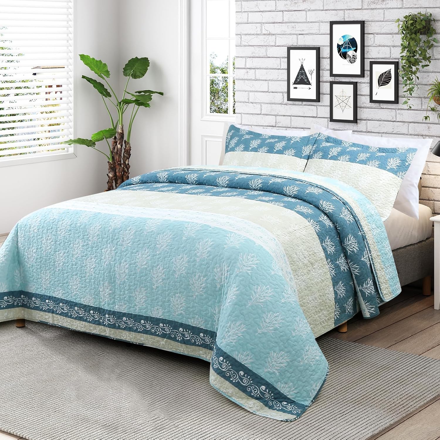 UYOF King Quilt Set - 100 Cotton Reversible Comforter with Shams