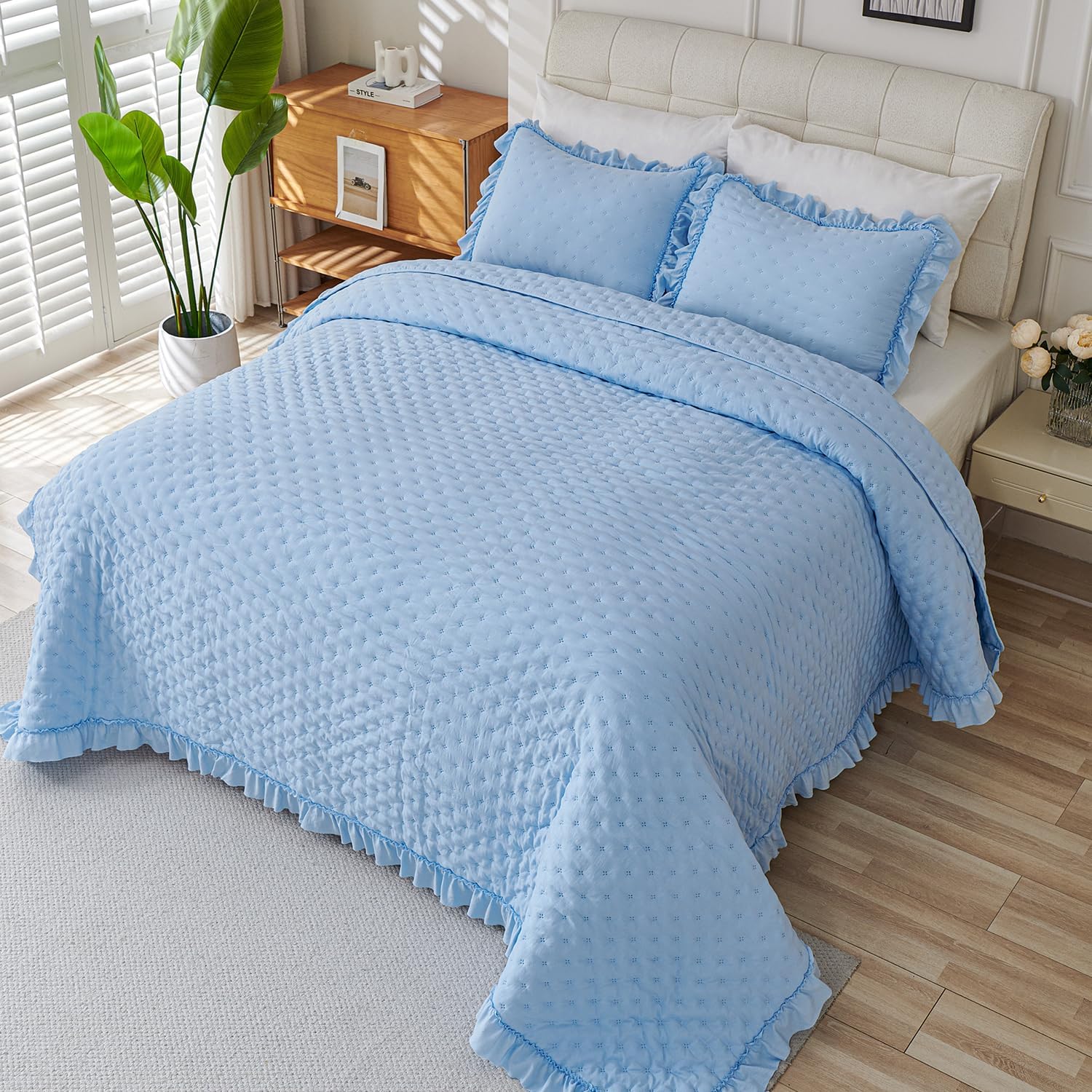 Cmfshape Bedding Set 3 Pieces Ultrasonic Quilt with Ruffled Edges