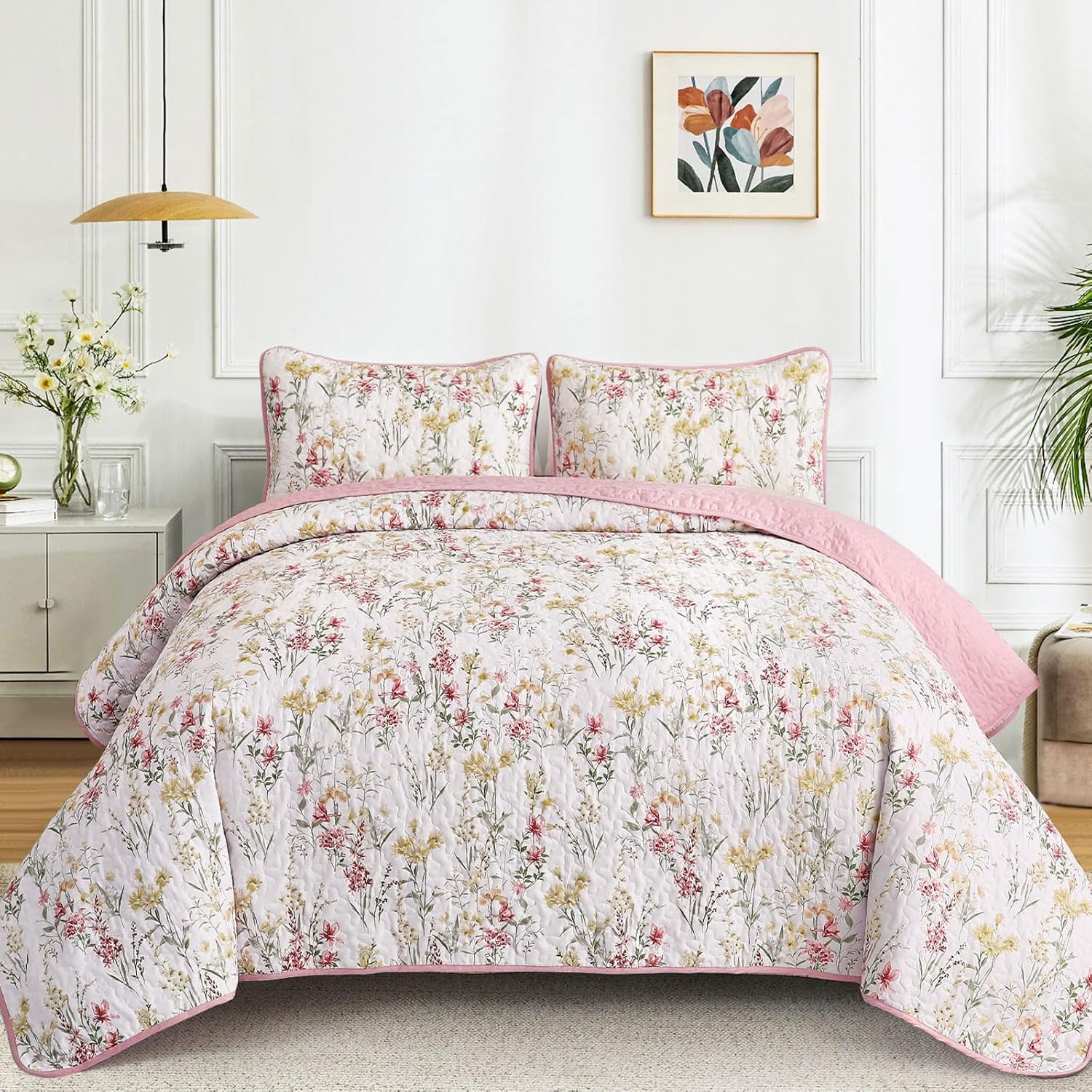 Anibedding King Size Quilt Set with Pink Floral Pattern 1