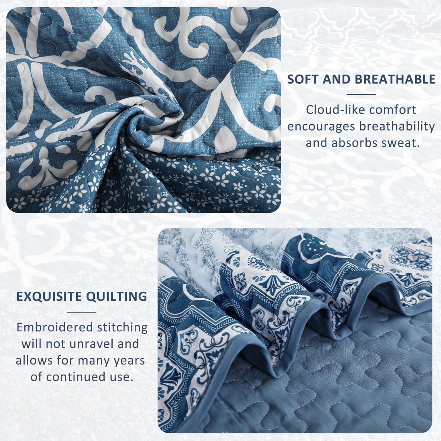 DJY Boho Quilt Set Queen Size 3 Pieces Navy Blue