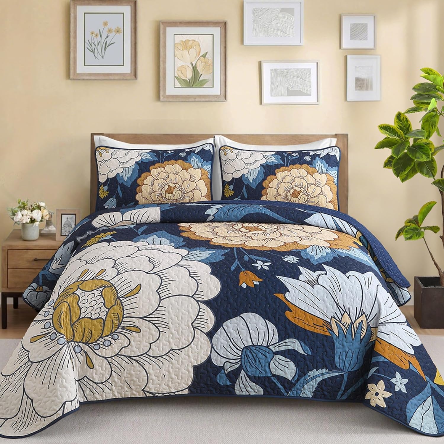 DJY Navy Floral Quilt Set 3 Piece Boho