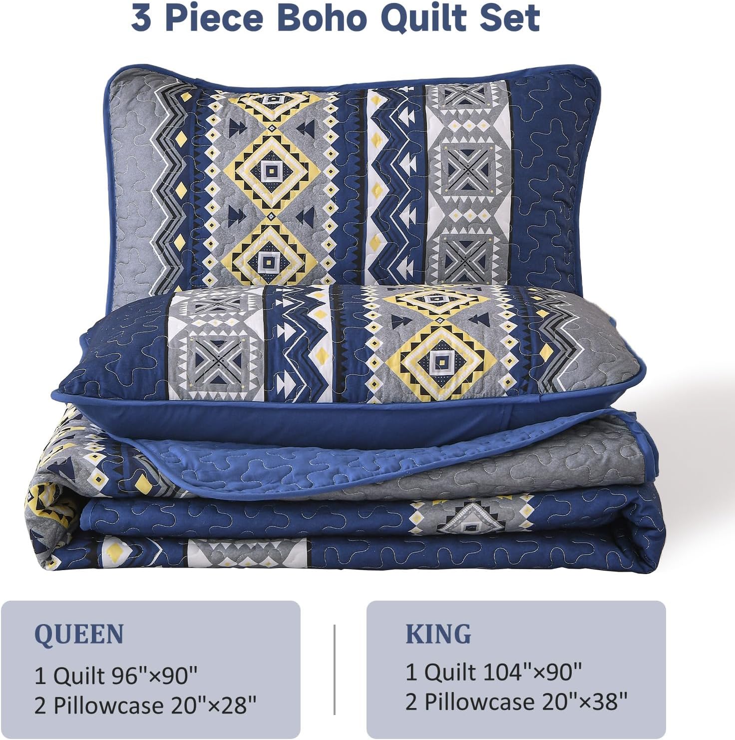 WONGS BEDDING 3 Piece Quilt Set King Size - Navy Blue