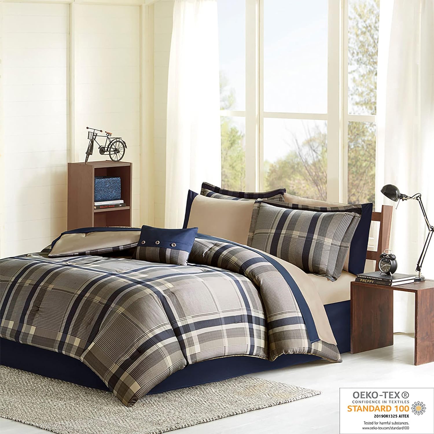 Intelligent Design Robbie Cozy Comforter Set 7 Piece Twin XL Navy Tan