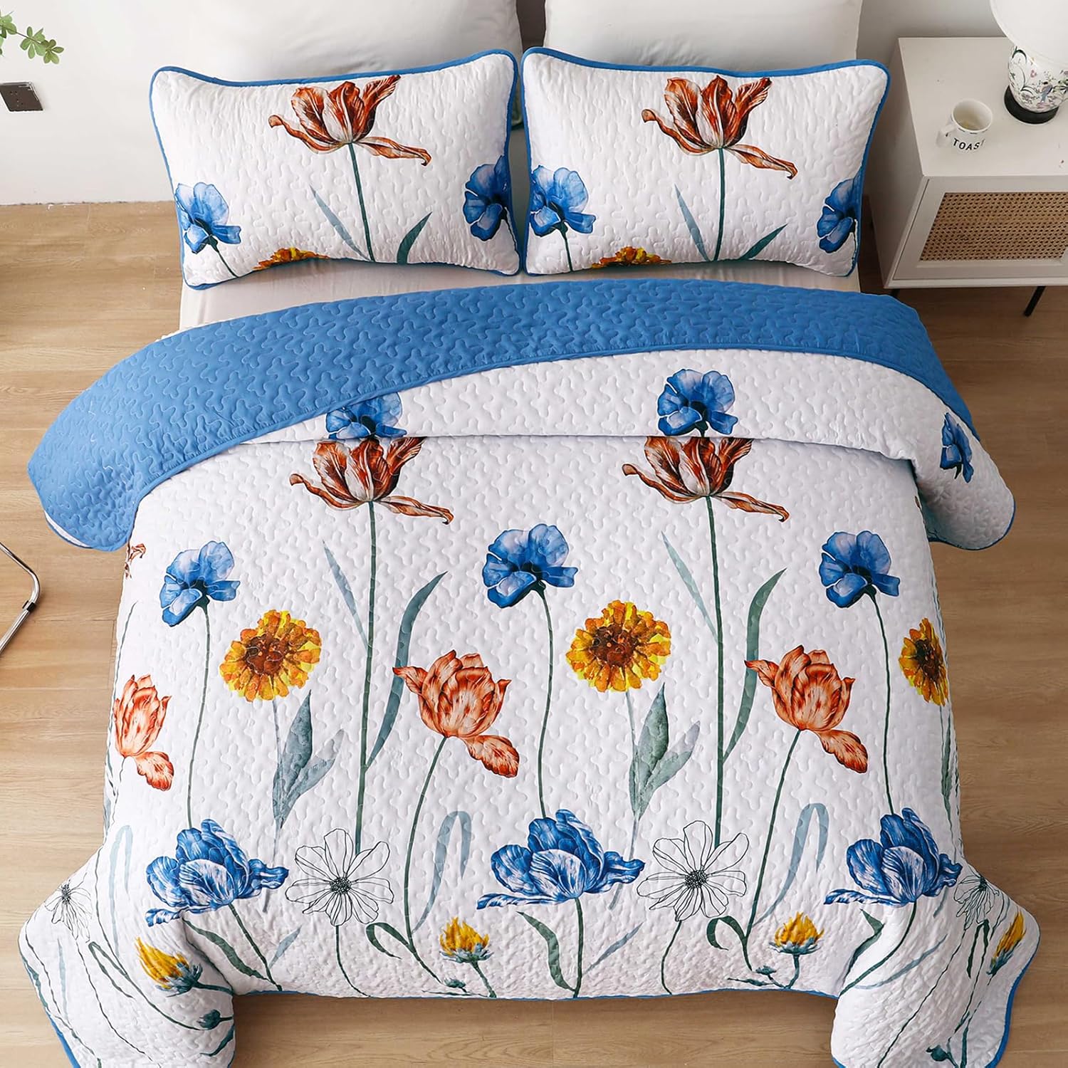 WONGS BEDDING Blue Floral Quilt Set King Size