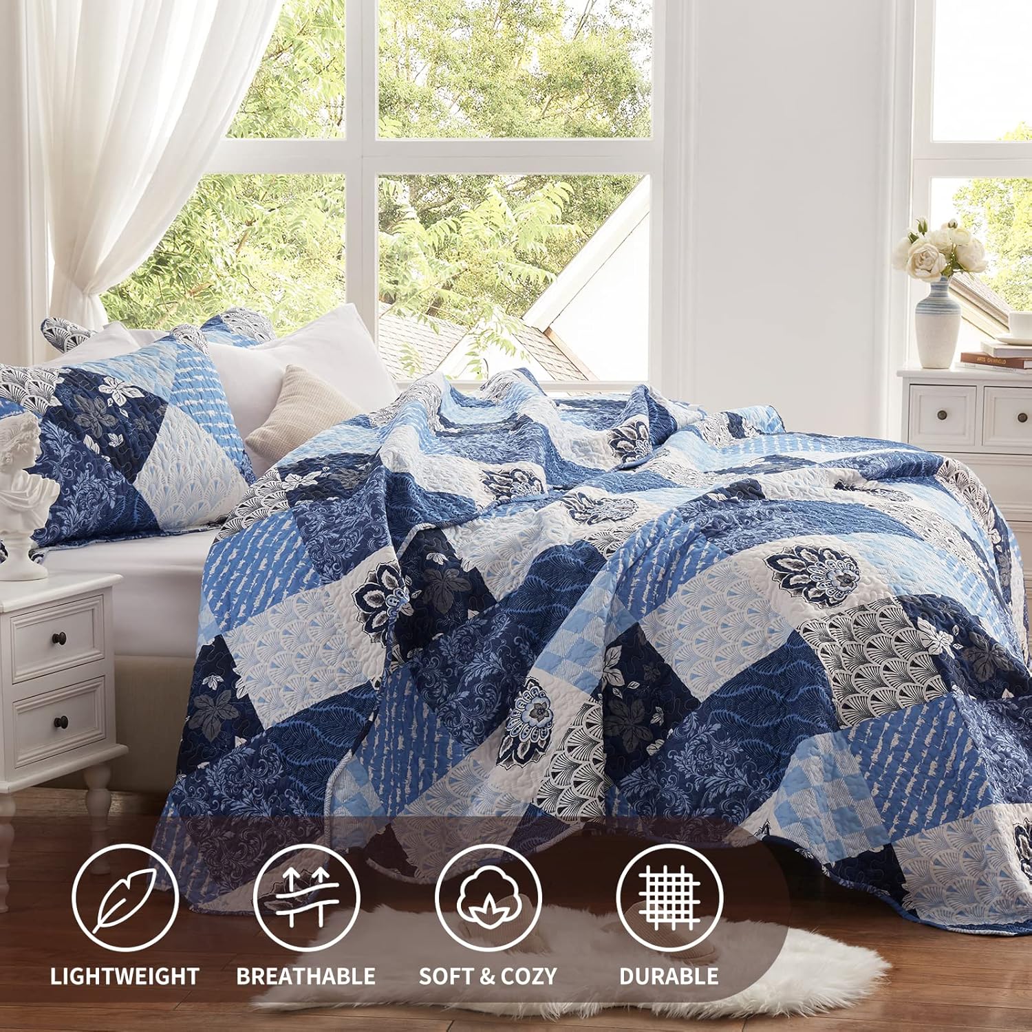 LEAONME Full Queen Quilt Set 3 Pieces Reversible