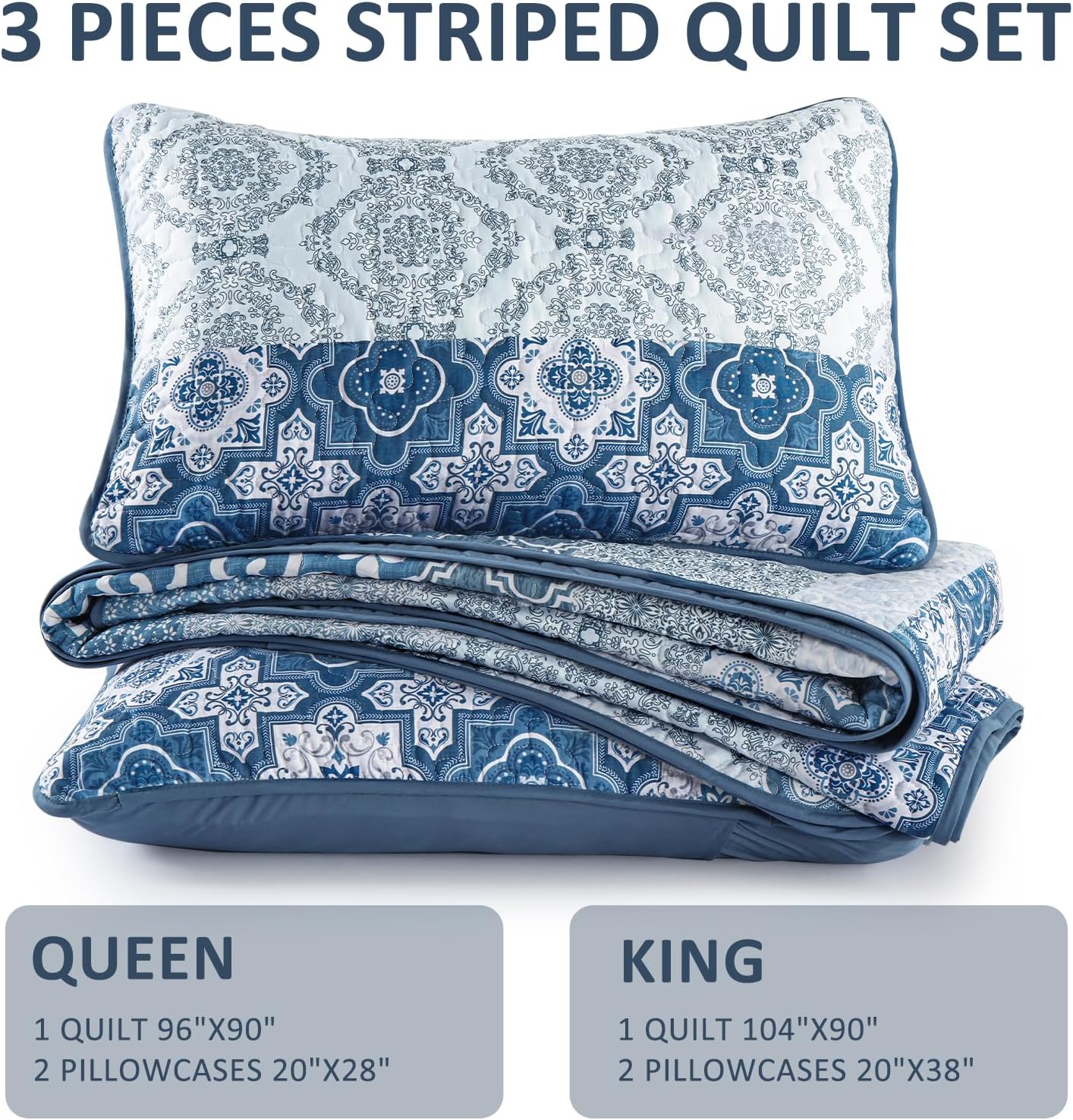 DJY Boho Quilt Set Queen Size 3 Pieces Navy Blue