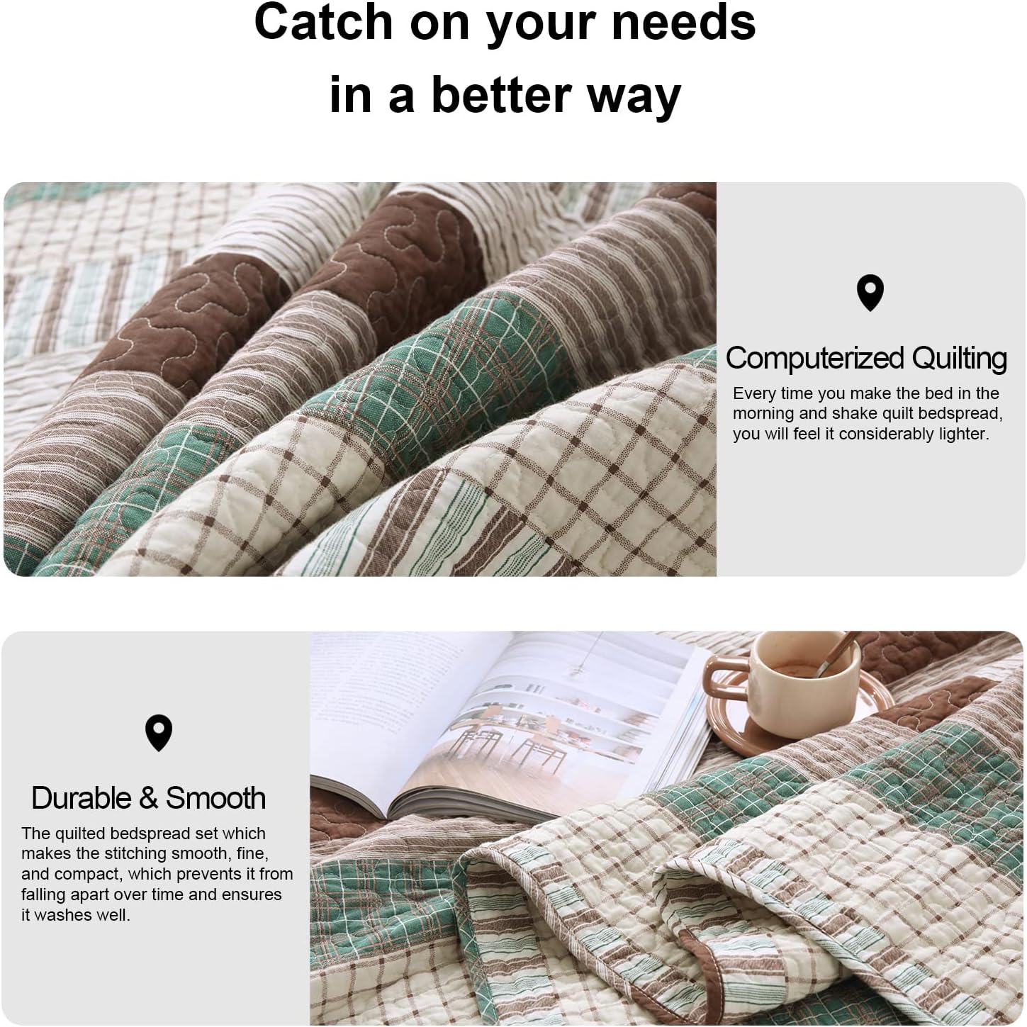 PANGUSHAN 100 Cotton King Quilt Set 3 Pieces