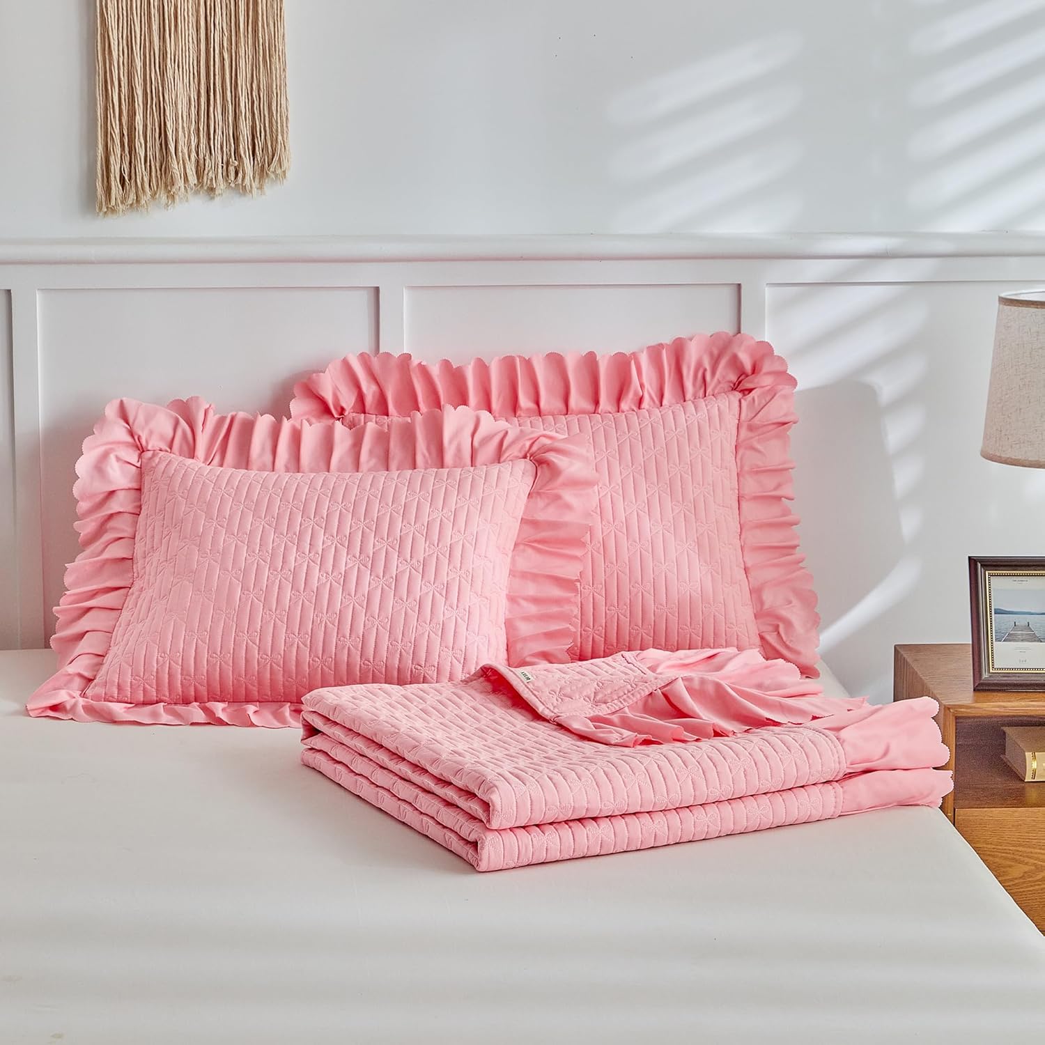 UOZZI Ruffled Quilt Bedding Set Queen 96x96