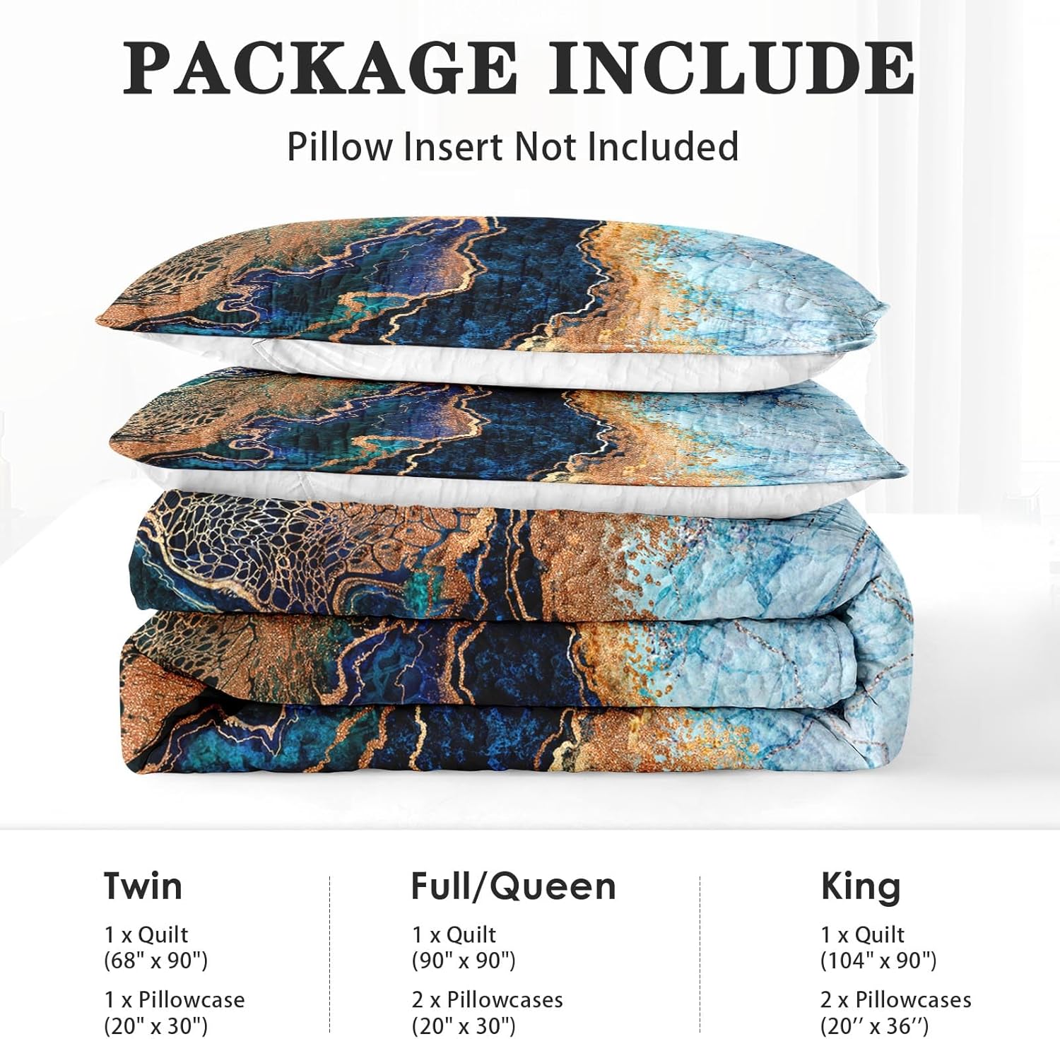Pamnest Quilt Set Twin Size Blue Gold Marble 2 Pcs 1