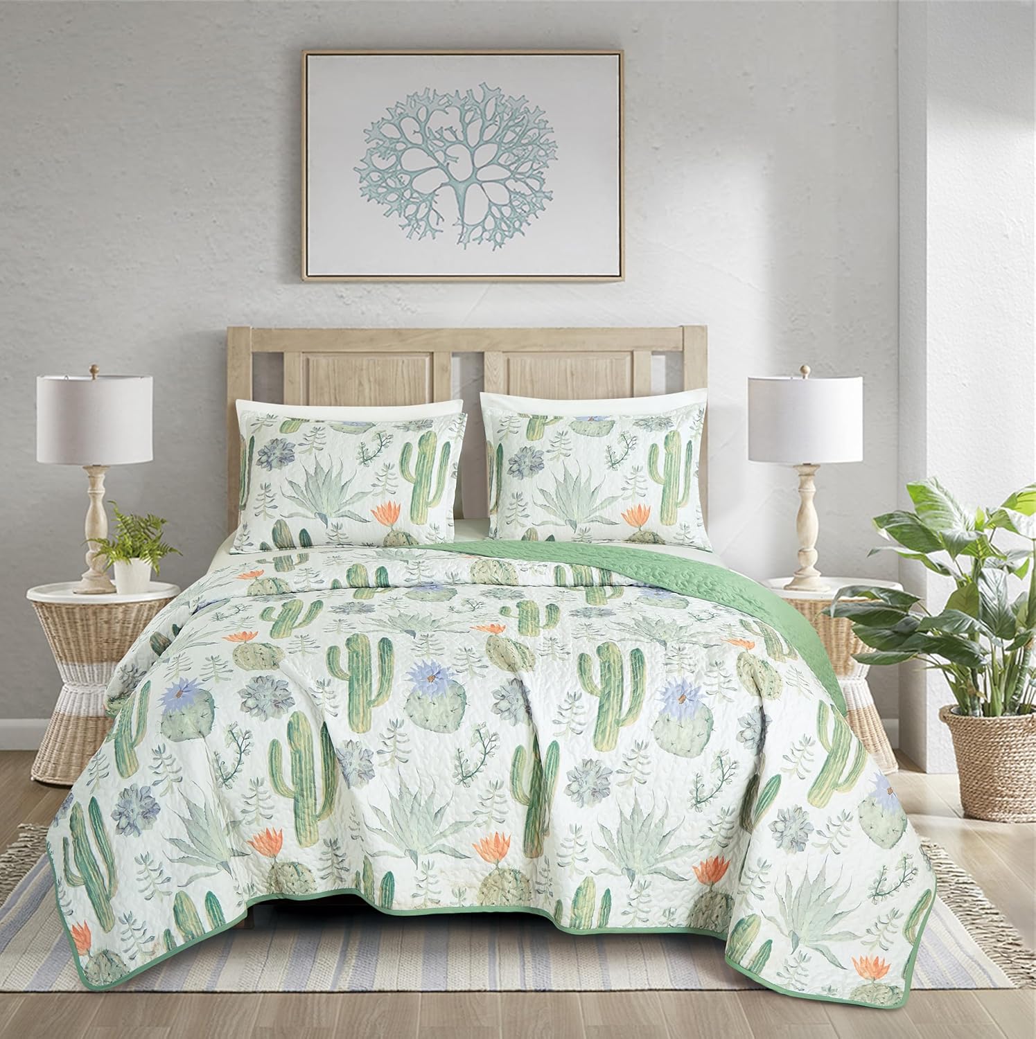 Chezmoi Gregory 2-Piece Quilt Set - Green Blue Cactus Print