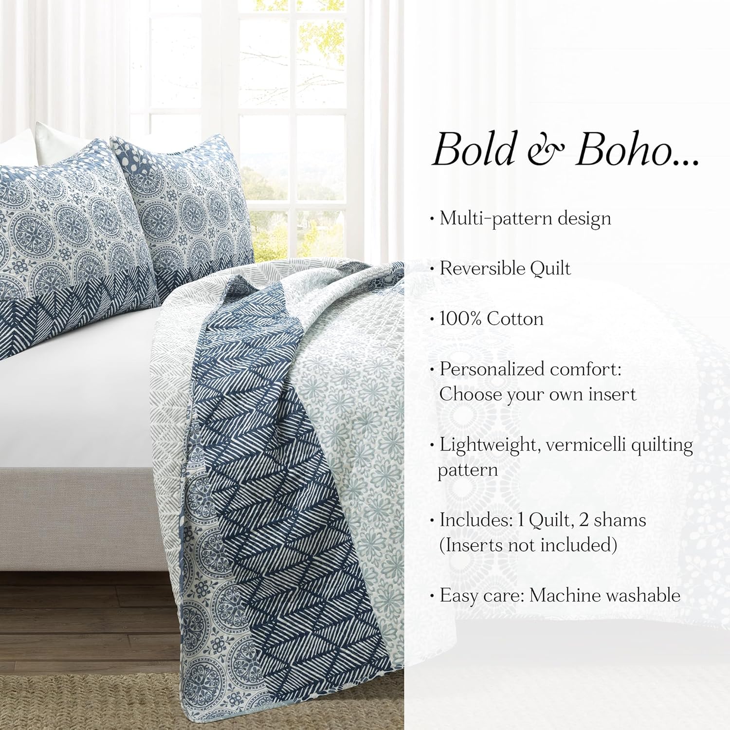 Lush Decor Bohemian Stripe Reversible Quilt Set 3 Piece Queen