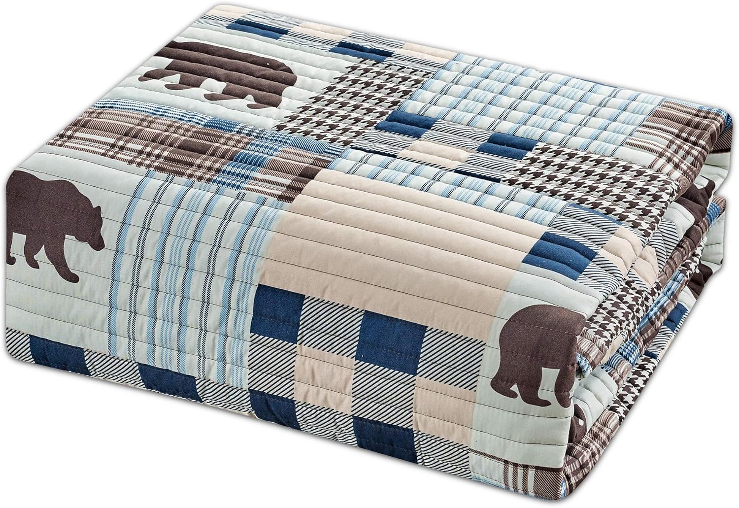 Rustic Farmhouse Bedspread Set with Grizzly Bear Buffalo Plaid Patterns - Twin