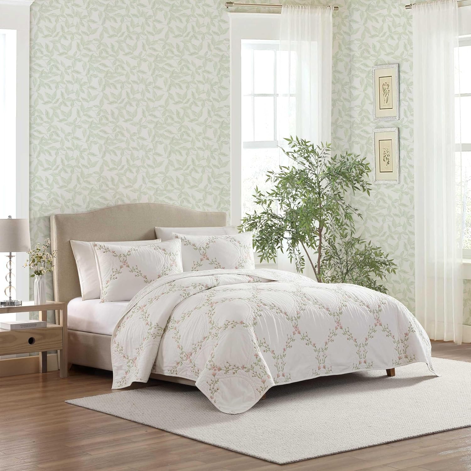 Laura Ashley Twin Quilt Set with Floral Embroidery