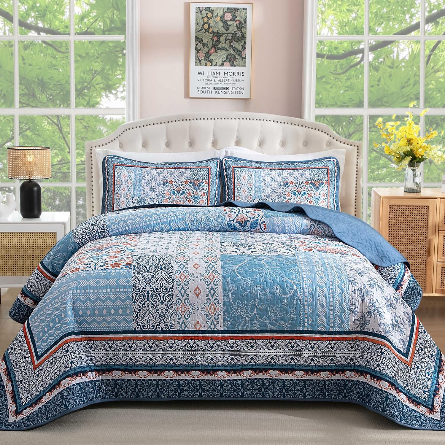 WONGS BEDDING Blue Boho Quilt Set King Size 3 Pieces