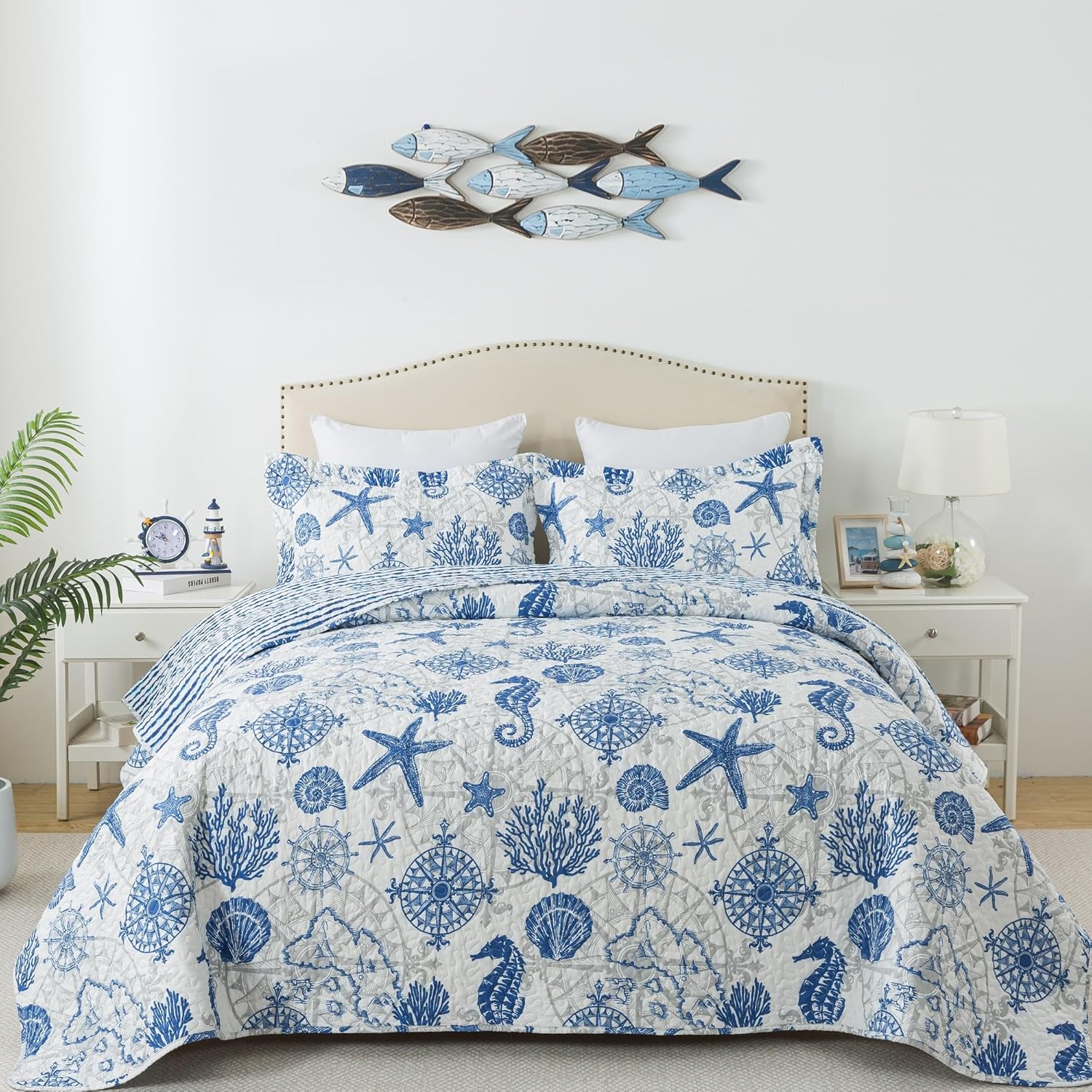 HoneiLife Coastal Quilt Set King - 3 Piece Ocean Themed Bedding