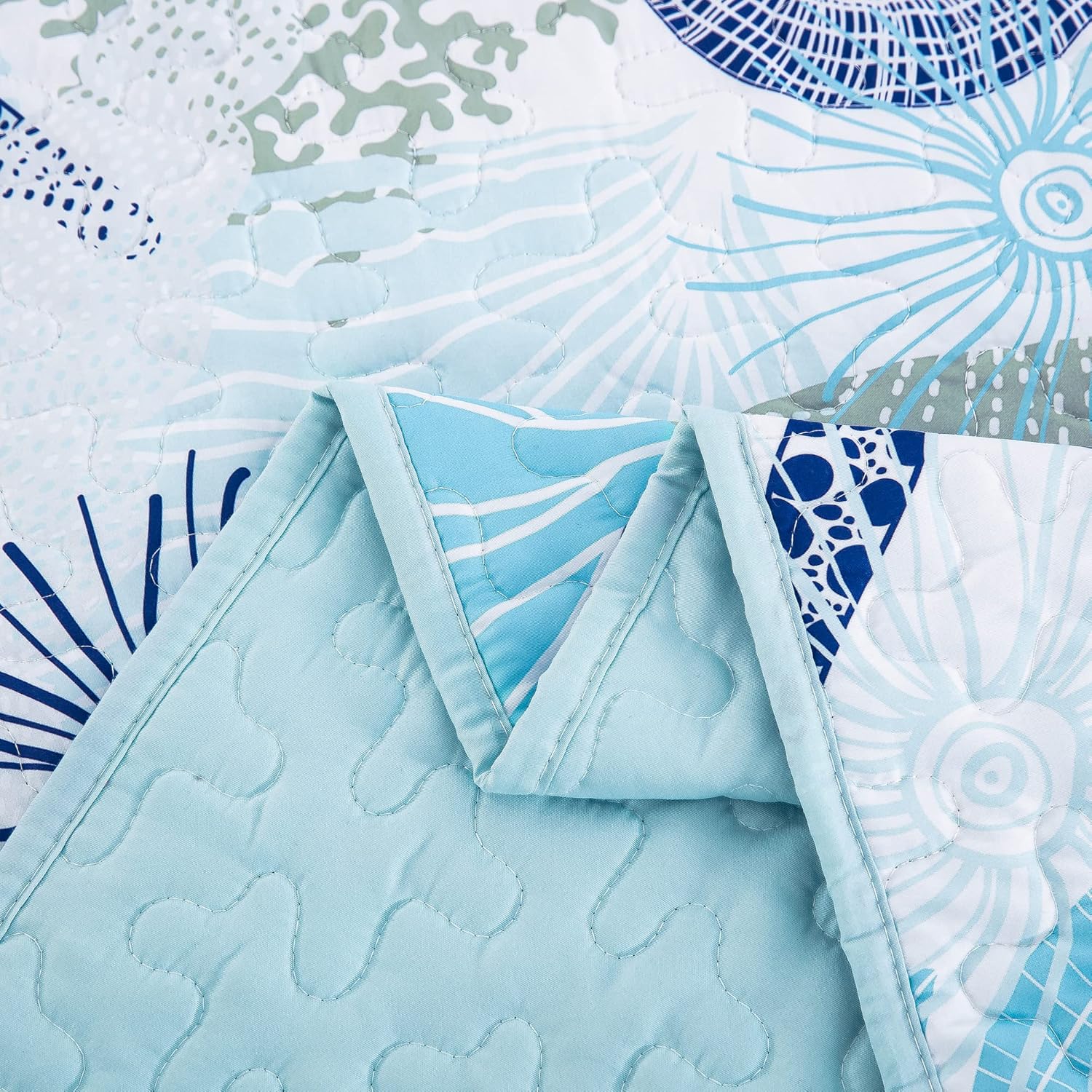 Dinjoy Coastal Quilt Set Queen Size Blue Ocean Theme