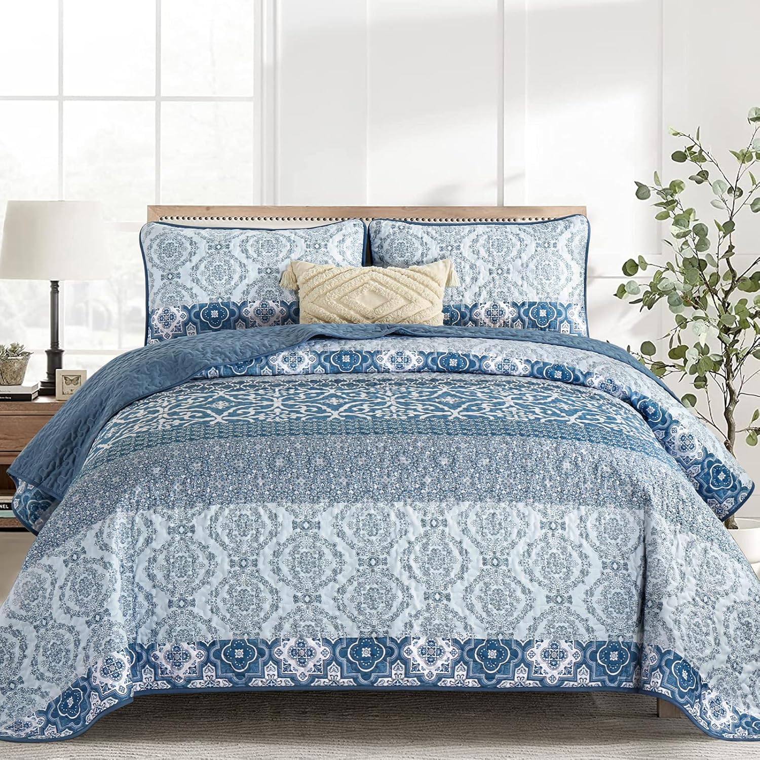 DJY Boho Quilt Set Queen Size 3 Pieces Navy Blue