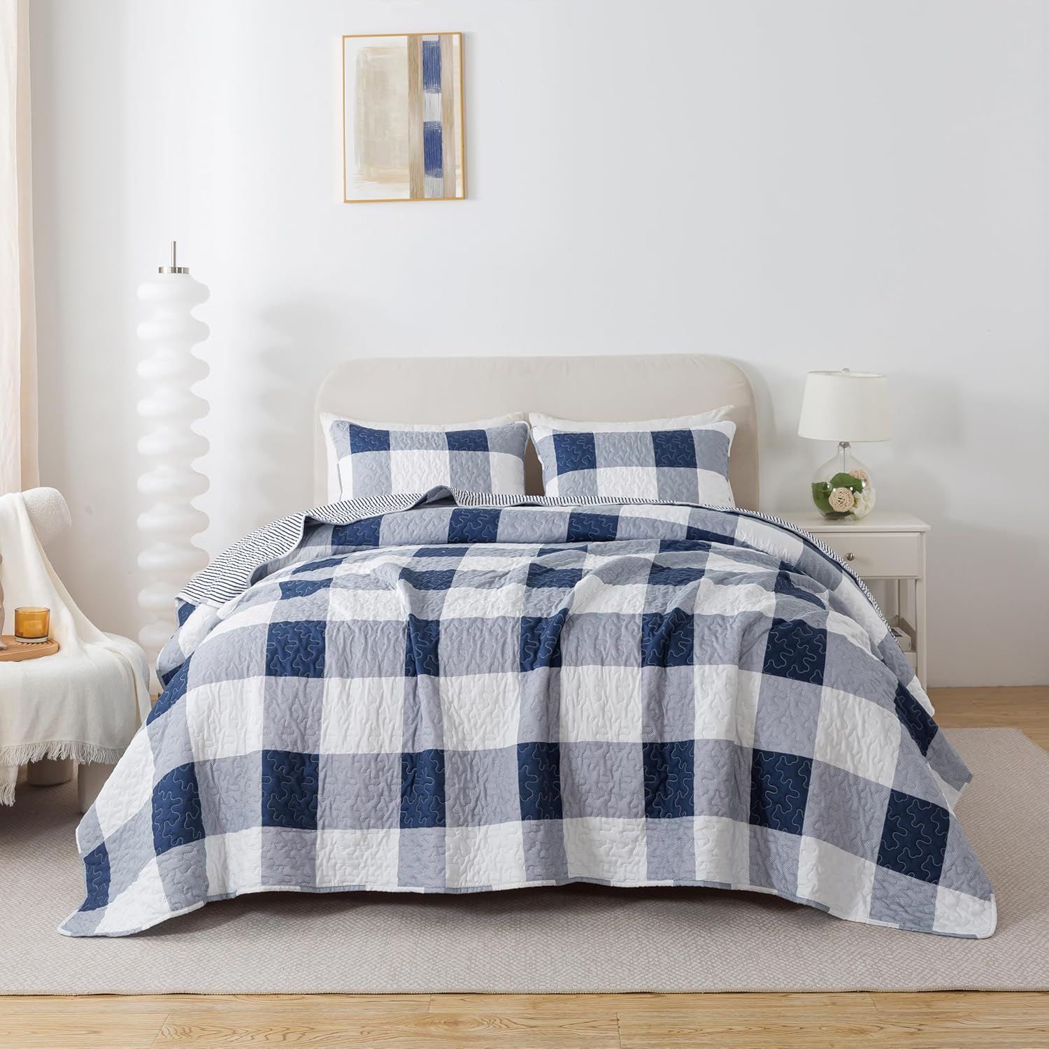 Soul Lane Blue White Buffalo Plaid Quilt Set - King Size