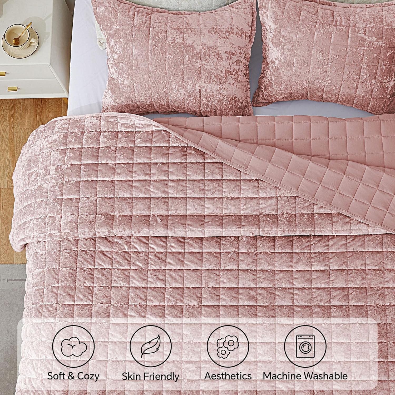BEDELITE Velvet Quilt Set Queen - 3 Piece Luxury Dusty Pink Comforter Bedding
