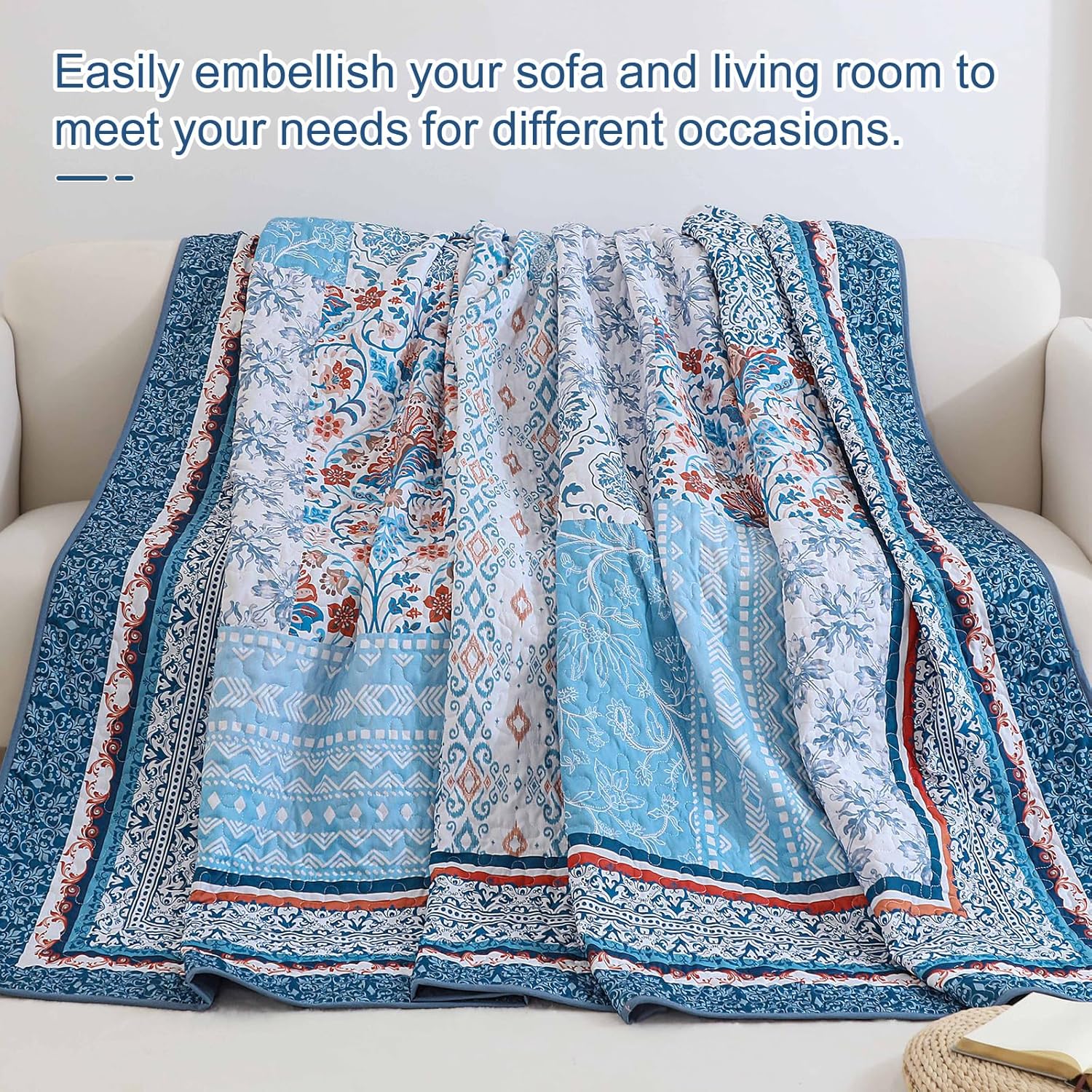 WONGS BEDDING Blue Boho Quilt Set King Size 3 Pieces
