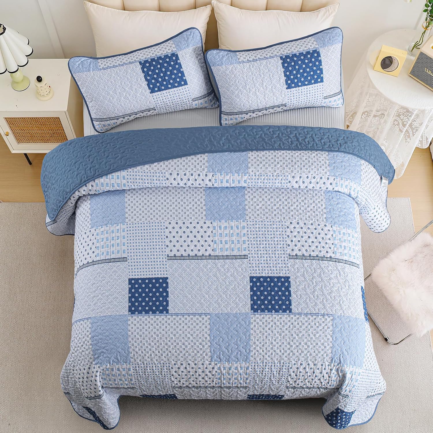 WONGS BEDDING 3 Piece Queen Quilt Set with Patchwork Plaid Design