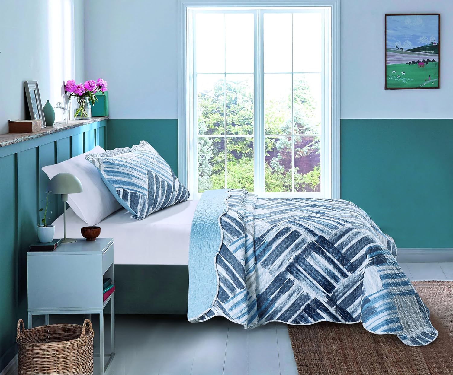 Brilliant Sunshine Blue Grey Stripe Quilt Set Twin 2-Piece with Sham