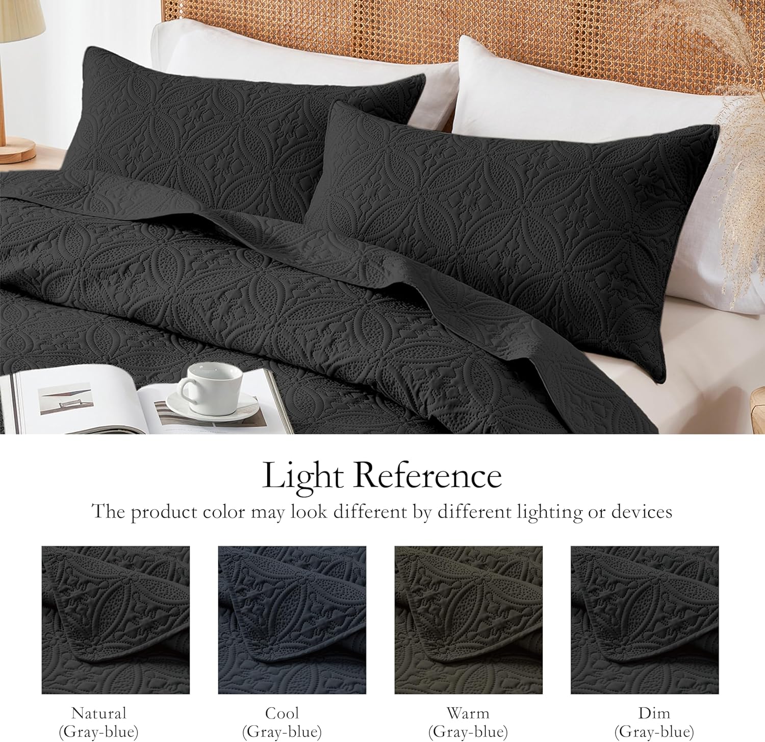 WURUIBO KingCal King Quilt Set Black Microfiber