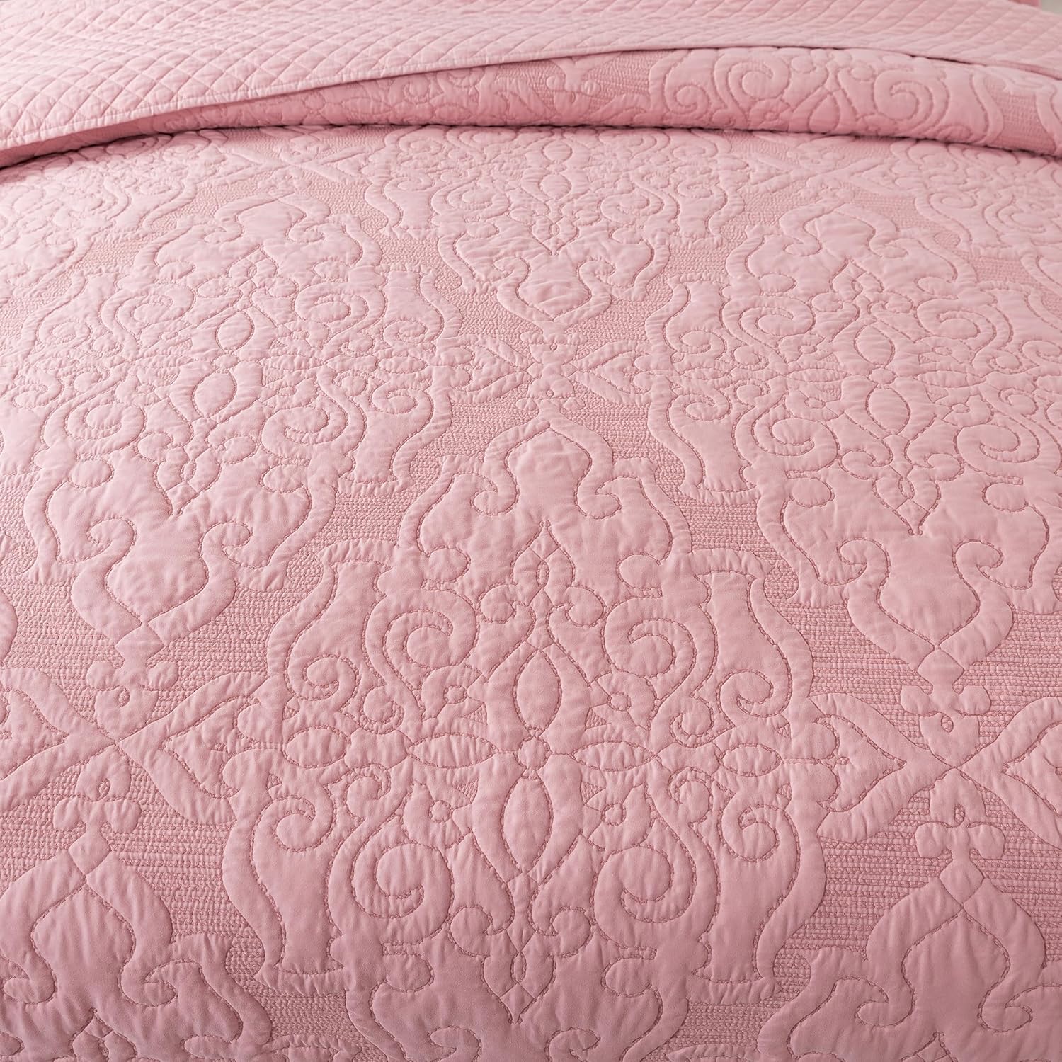 NEWLAKE Quilt Bedspread Set - Pink Floral Reversible Microfiber King Size