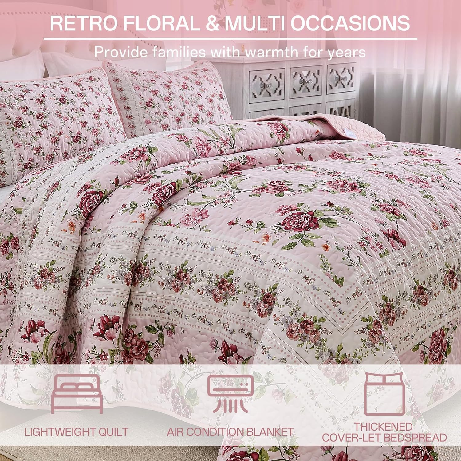 Xruibed Floral Quilt Set Queen Size 3PCs
