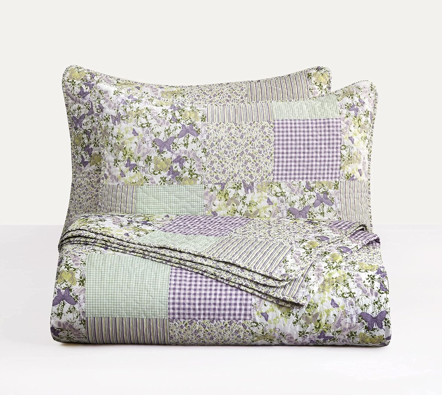 Chezmoi Collection Daisy 3-Piece Quilt Set - Purple Butterfly Botanical Design