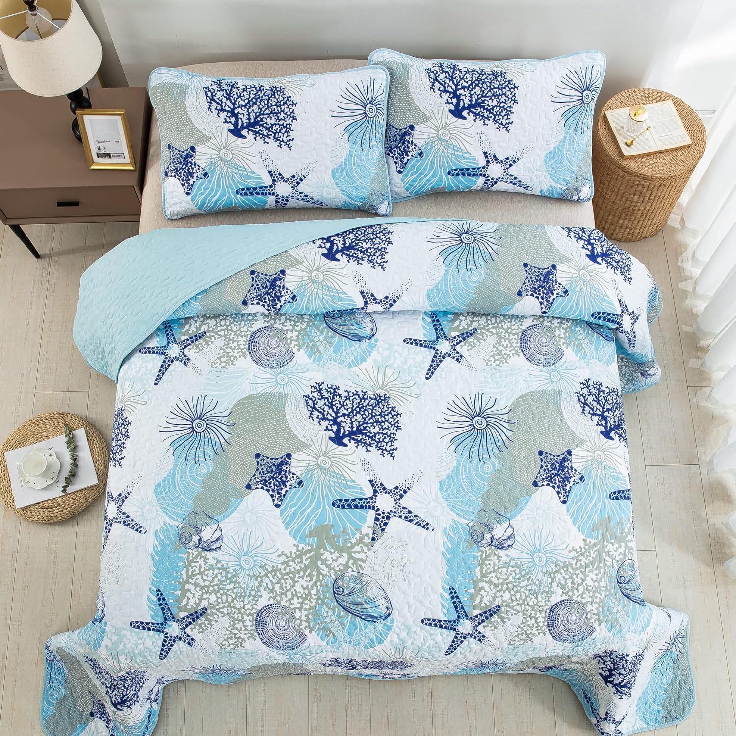 Dinjoy Coastal Quilt Set Queen Size Blue Ocean Theme