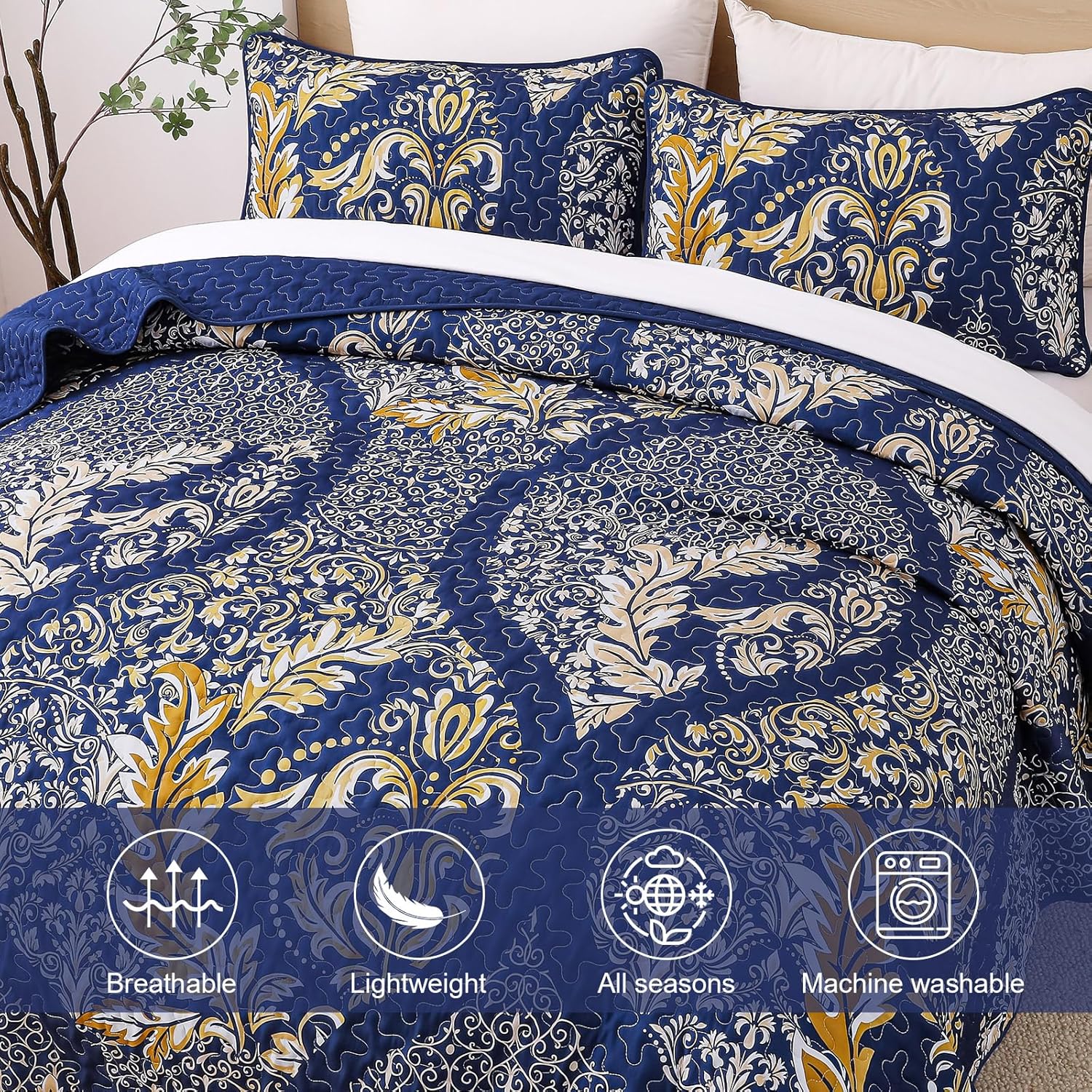 Navy Damask Quilt Set King 3Pcs Microfiber