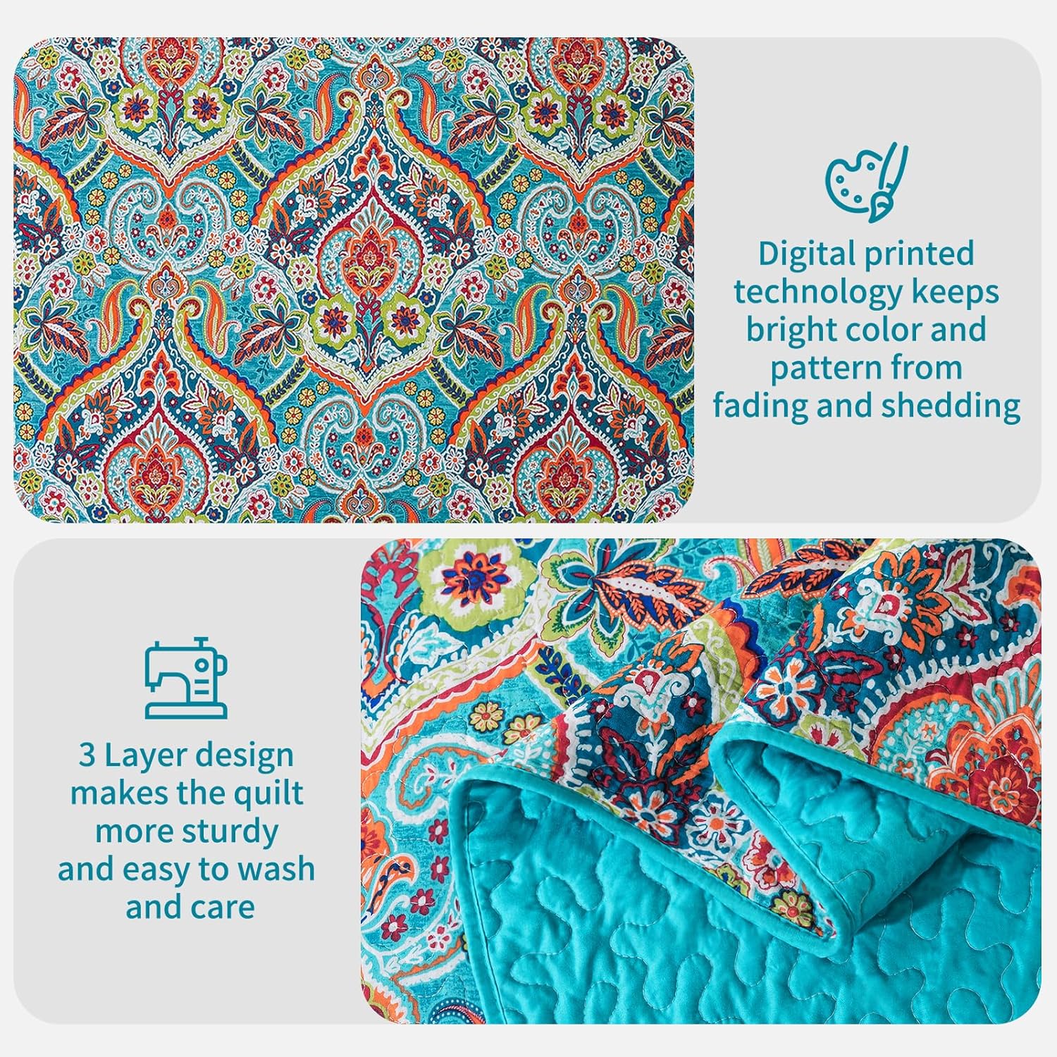 BEDISELY Queen Size Quilt Set - Teal Damask Reversible Bedspread Blanks