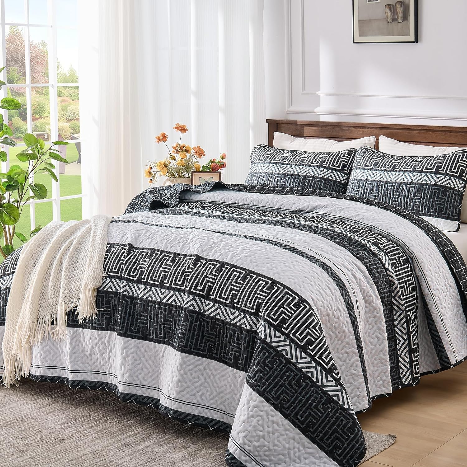 DJY Striped Quilt Set King Size 3 Pcs Black White