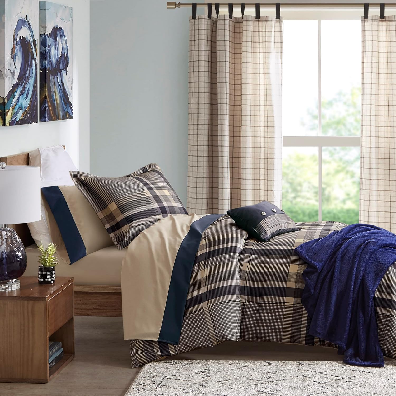 Intelligent Design Robbie Cozy Comforter Set 7 Piece Twin XL Navy Tan