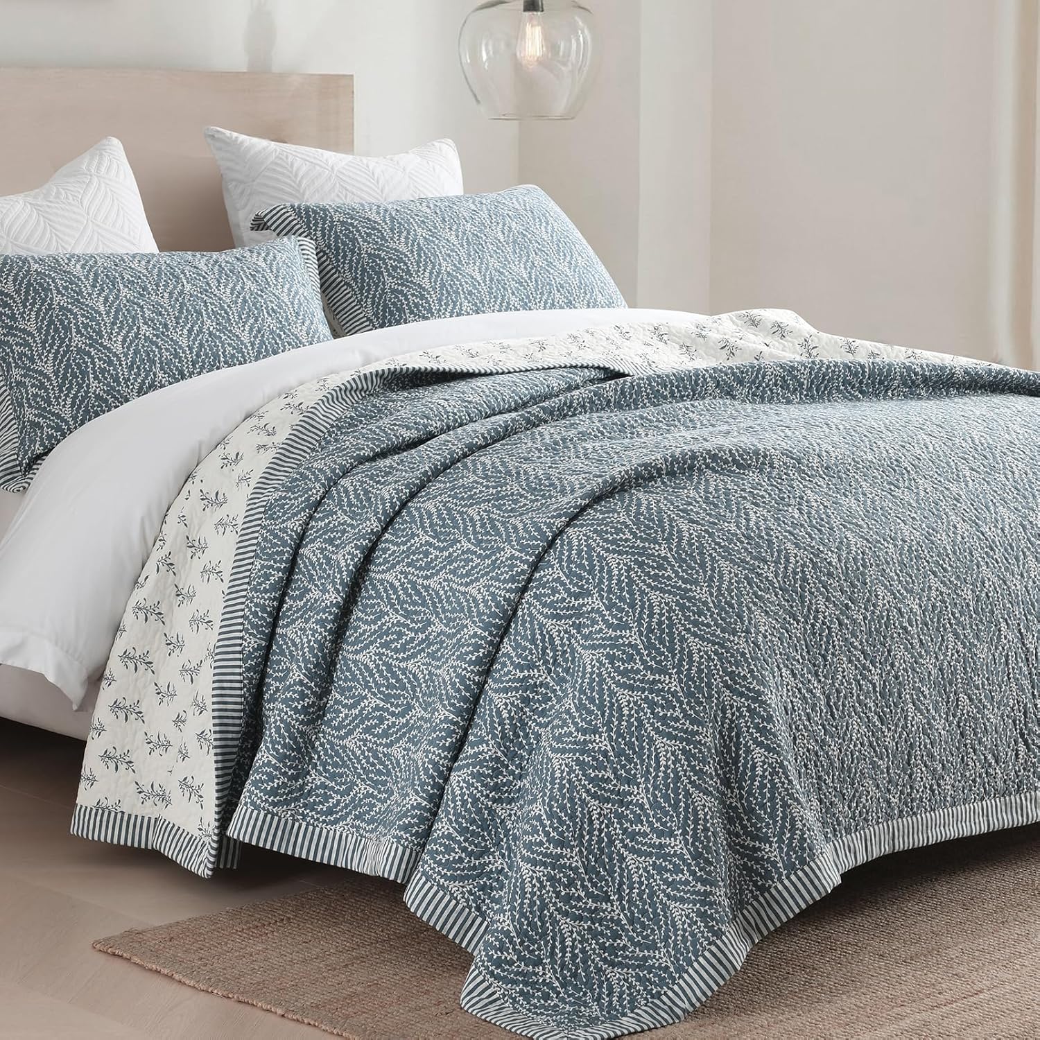 Finlonte Queen Size Cotton Quilt Set - 3 Pcs Grayish BlueWhite