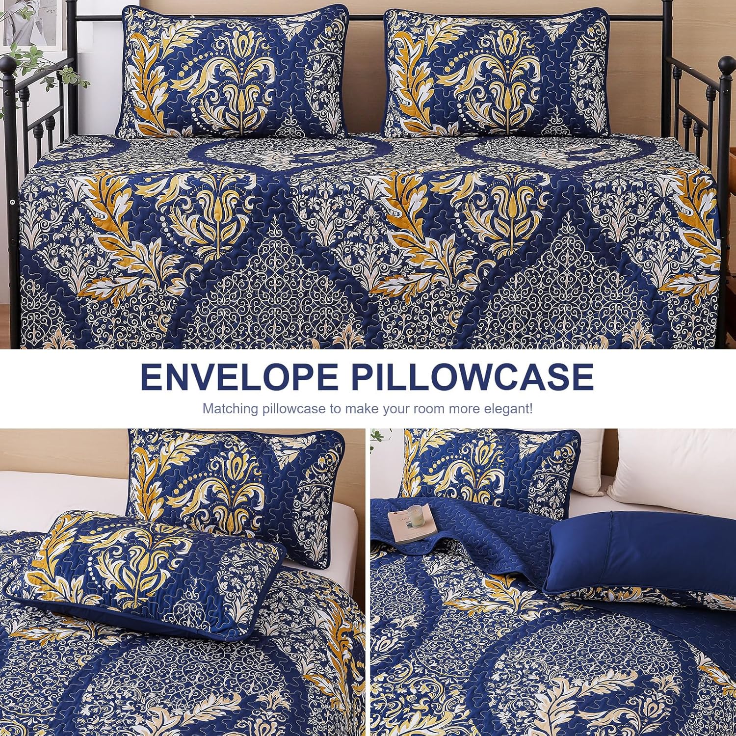 Navy Damask Quilt Set King 3Pcs Microfiber