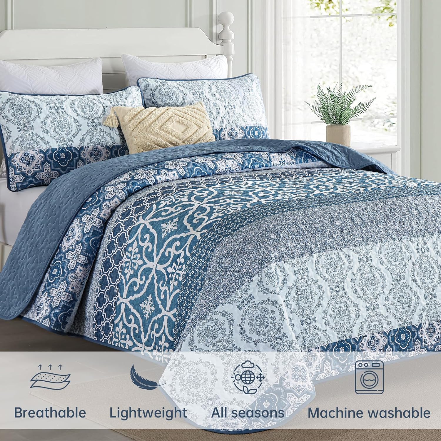 DJY Boho Quilt Set Queen Size 3 Pieces Navy Blue