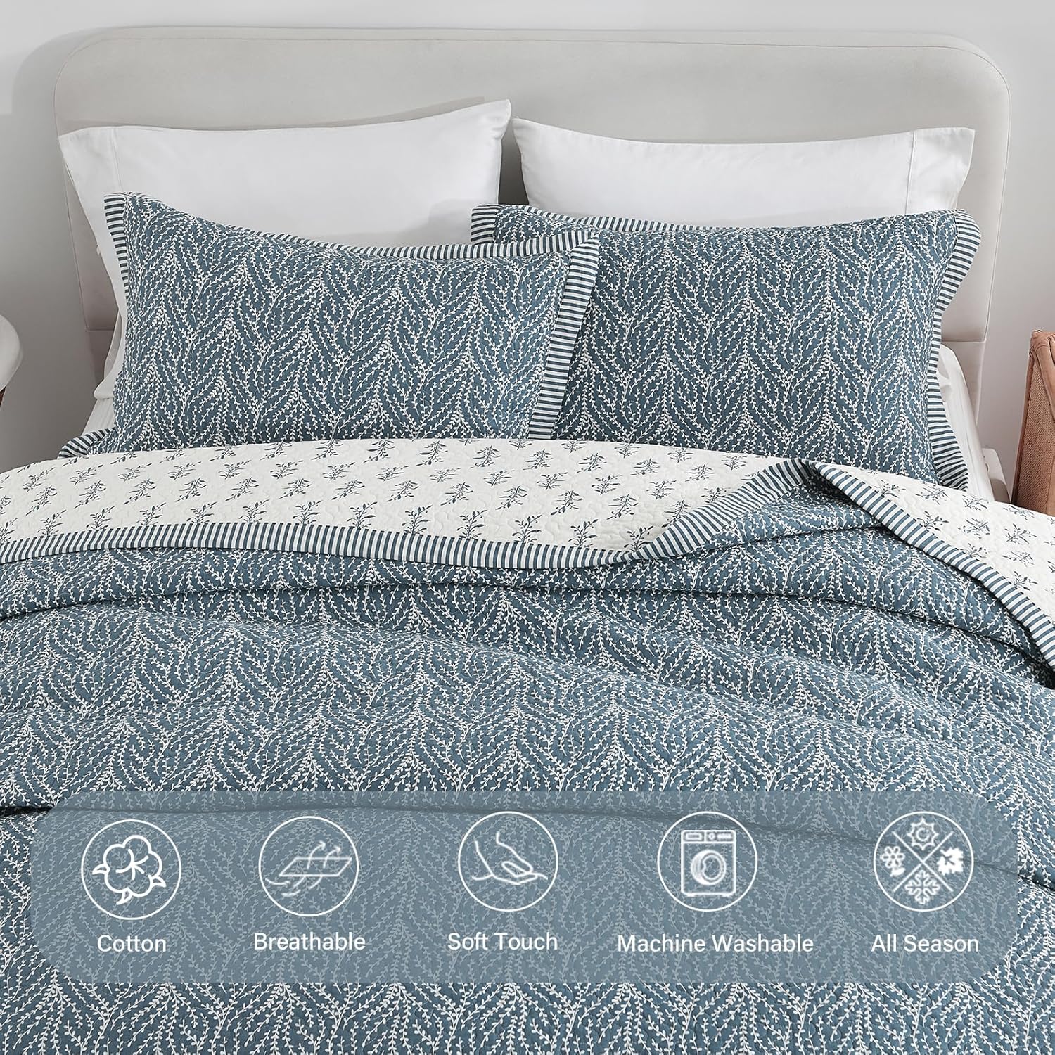 Finlonte Queen Size Cotton Quilt Set - 3 Pcs Grayish BlueWhite