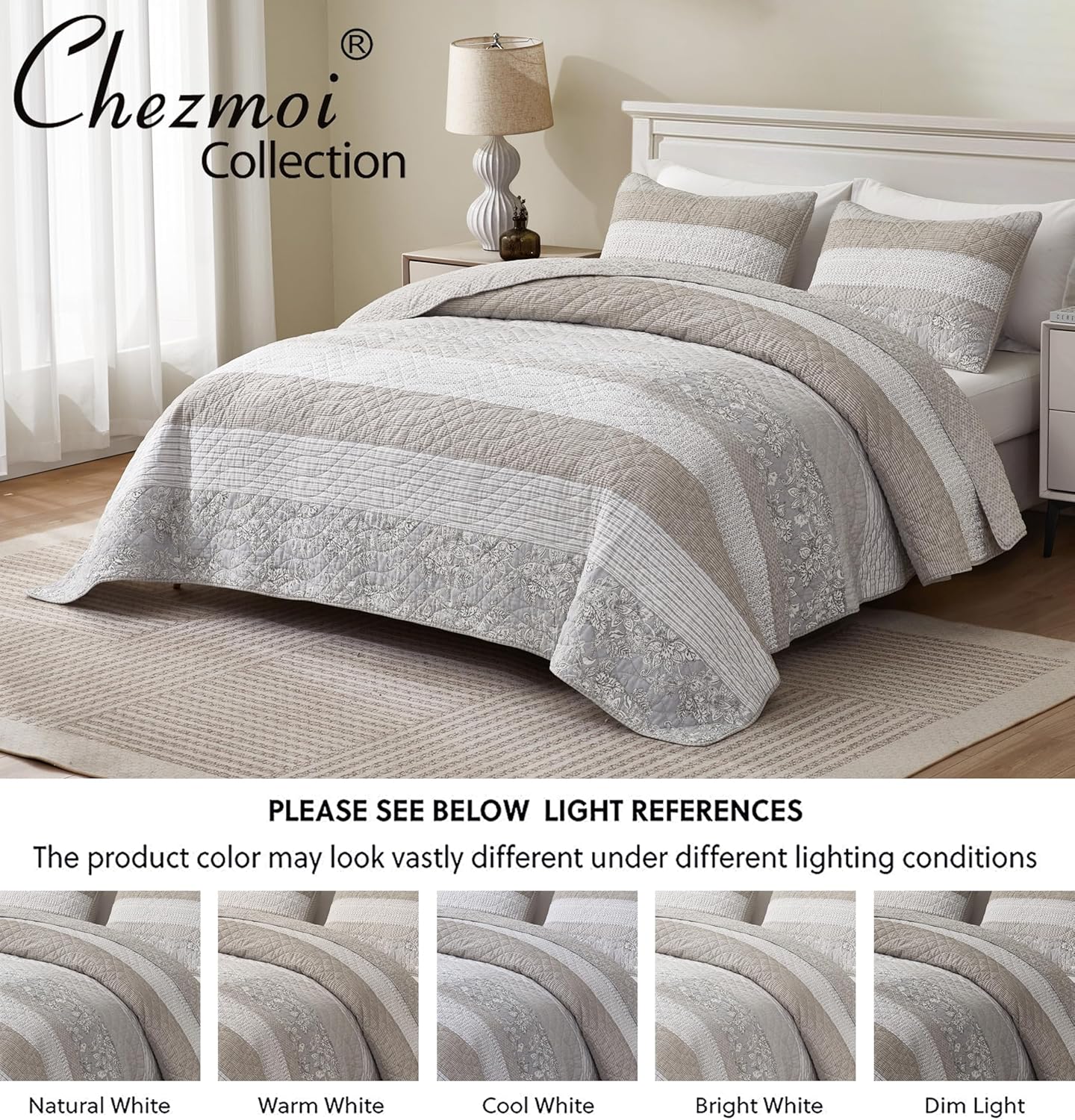 Chezmoi Collection Robyn Quilt Set - 2-Piece Neutral Taupe Gray White