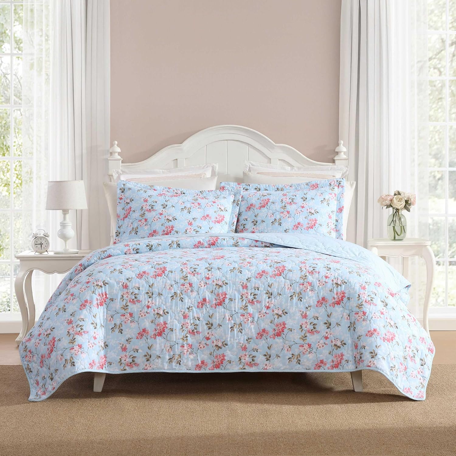Laura Ashley Full Queen Quilt Set with Shams - Floral Print 100 Cotton