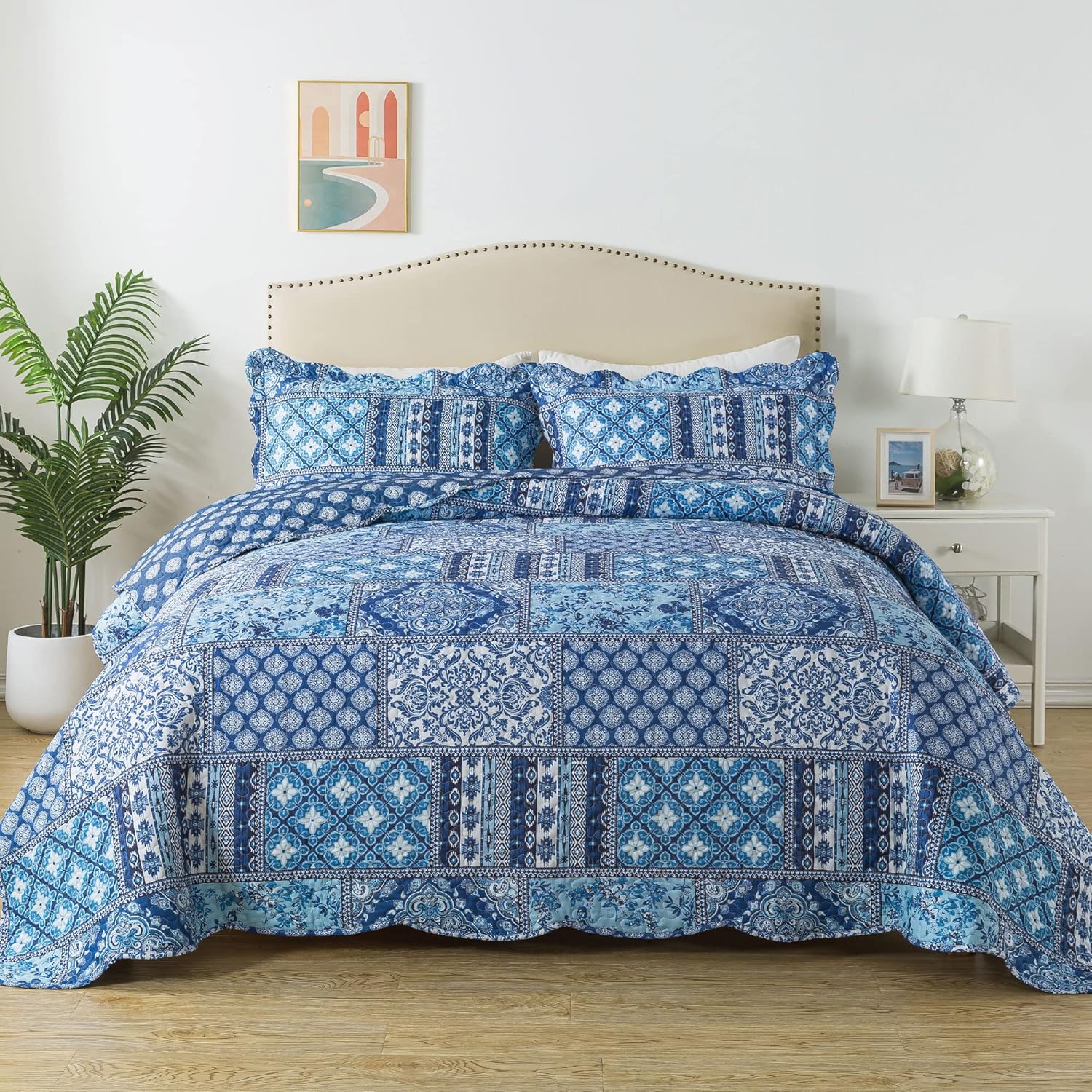 HoneiLife King Quilt Set - 3 Piece Blue Floral Bedding