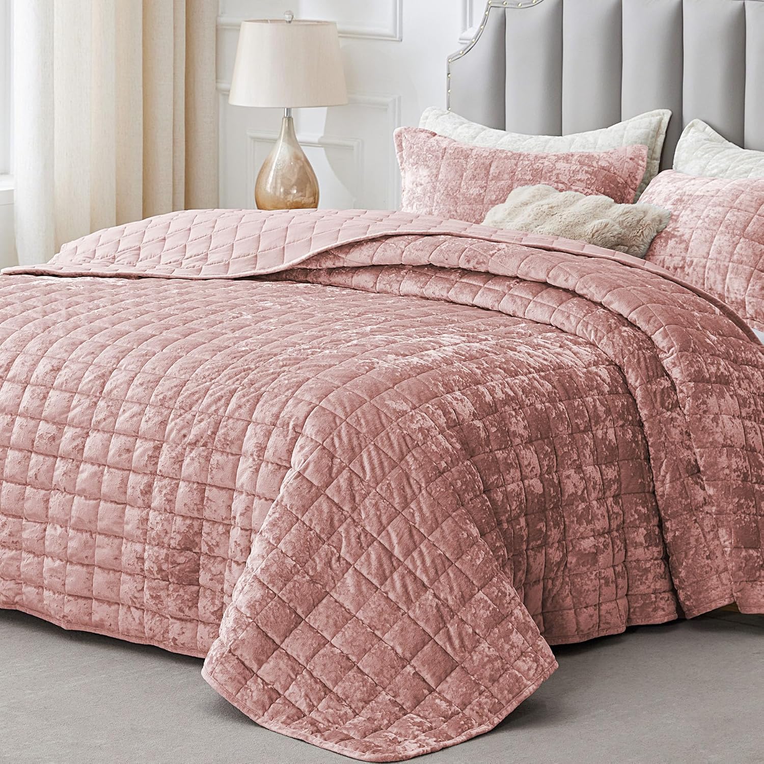 BEDELITE Velvet Quilt Set Queen - 3 Piece Luxury Dusty Pink Comforter Bedding